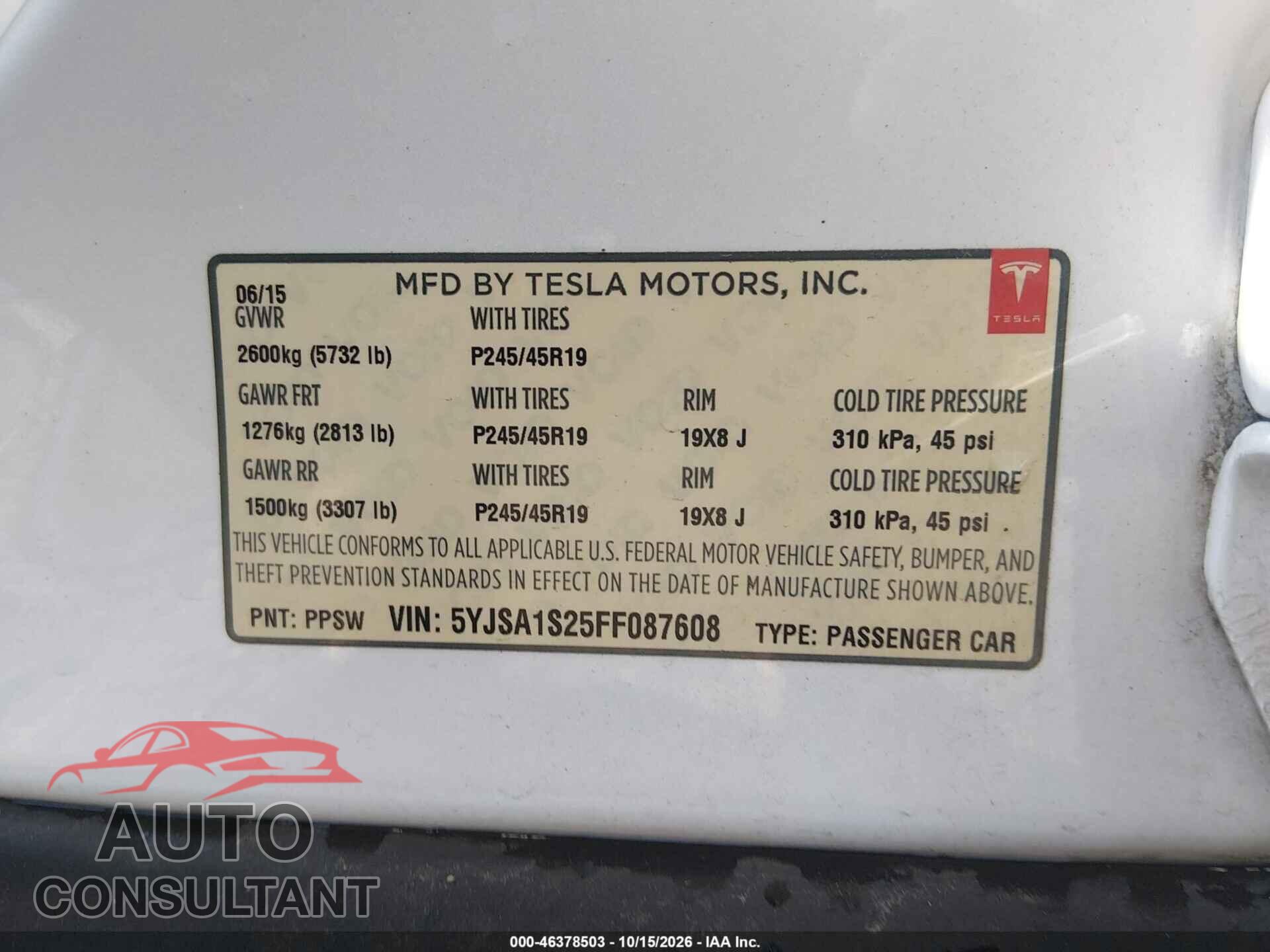 TESLA MODEL S 2015 - 5YJSA1S25FF087608