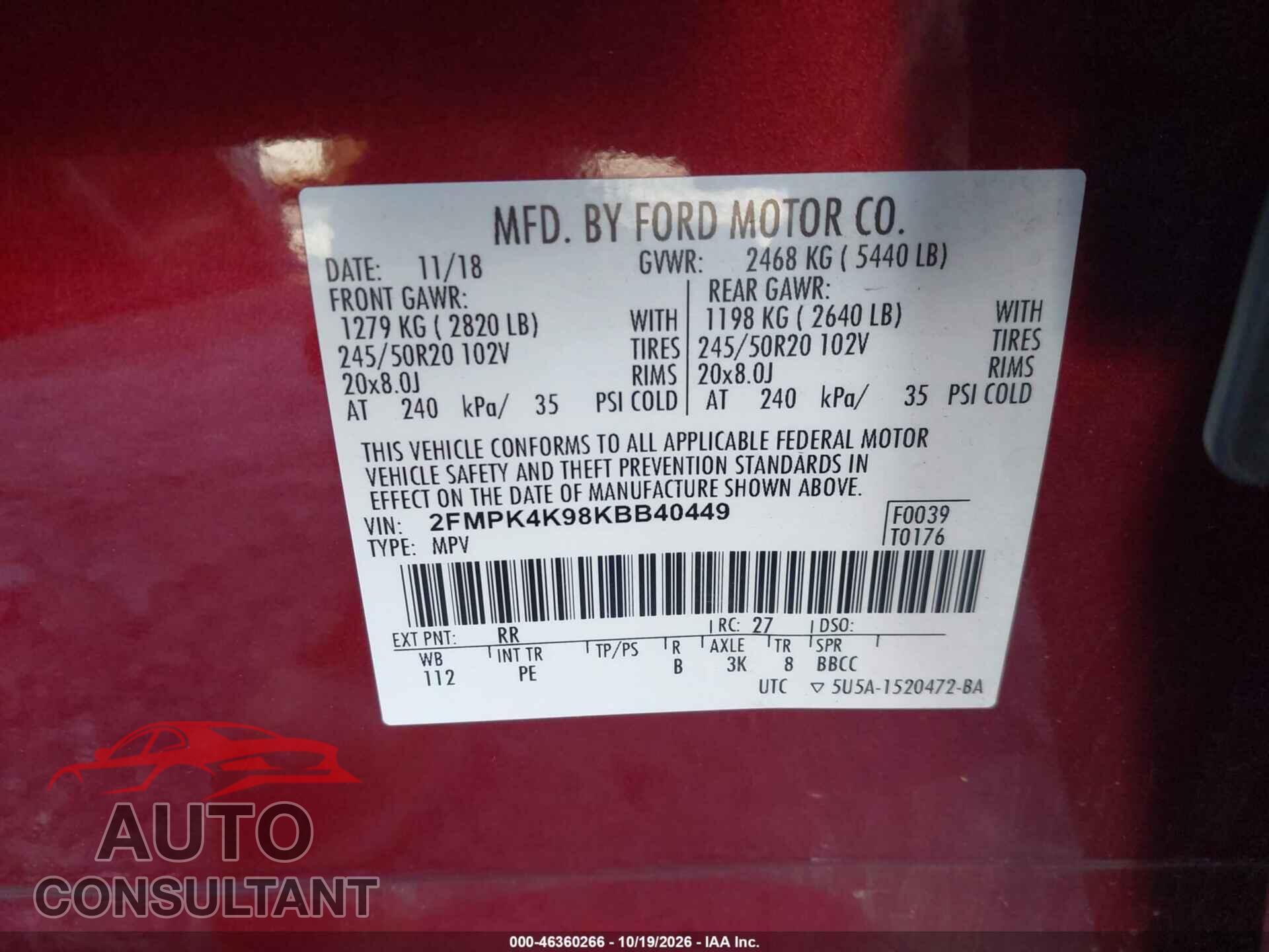 FORD EDGE 2019 - 2FMPK4K98KBB40449