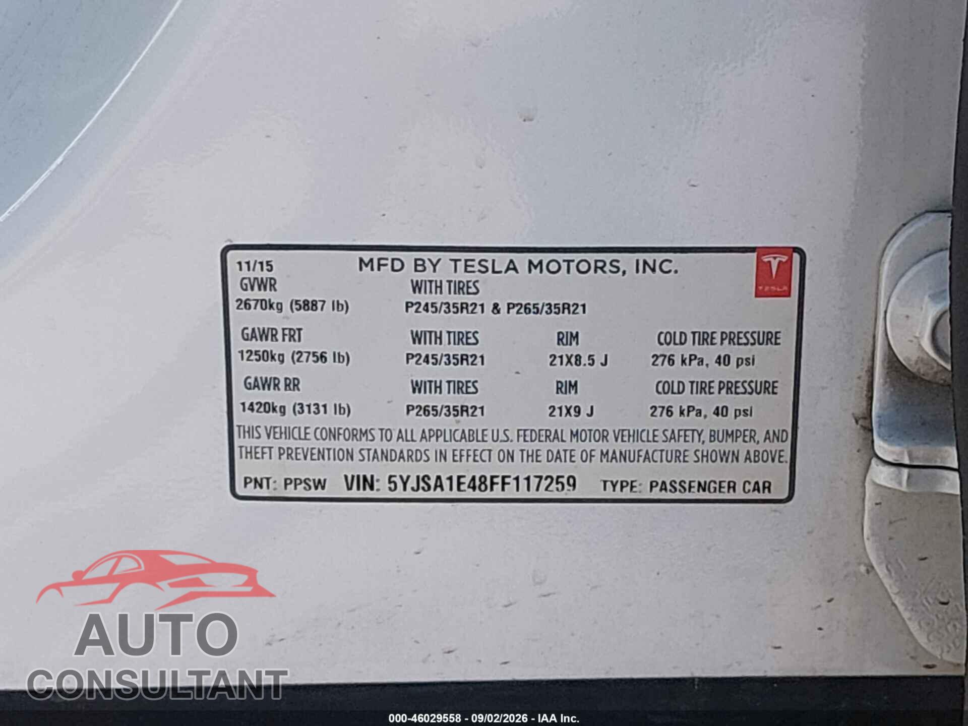 TESLA MODEL S 2015 - 5YJSA1E48FF117259