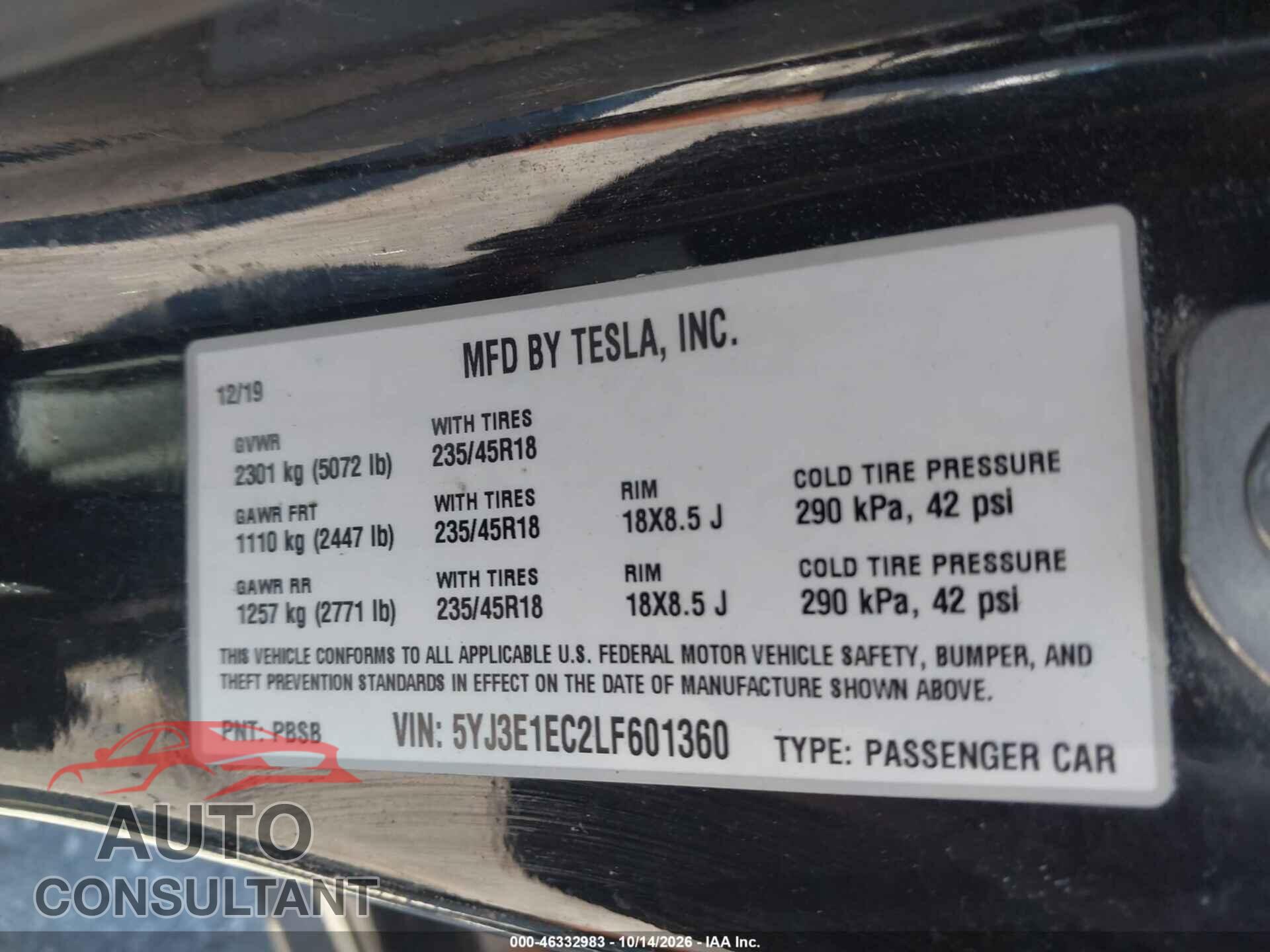 TESLA MODEL 3 2020 - 5YJ3E1EC2LF601360