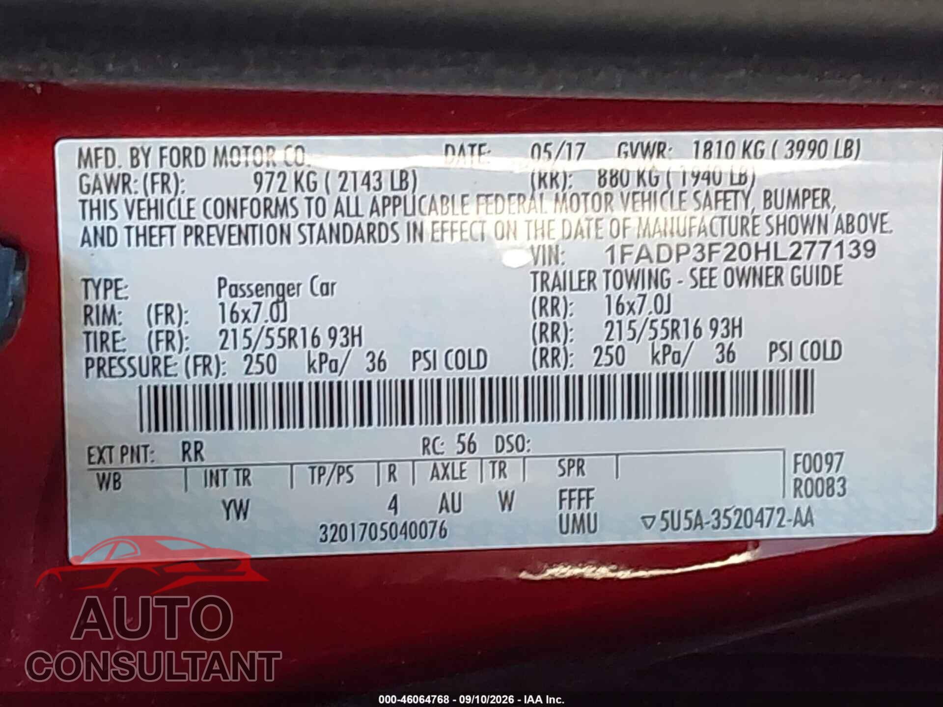FORD FOCUS 2017 - 1FADP3F20HL277139