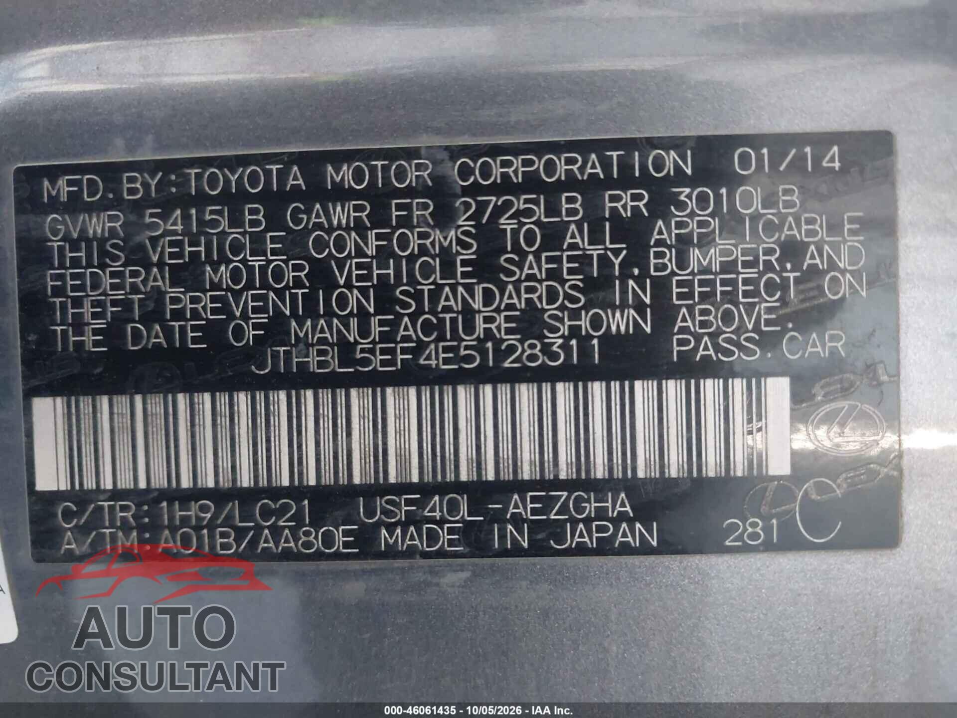 LEXUS LS 460 2014 - JTHBL5EF4E5128311