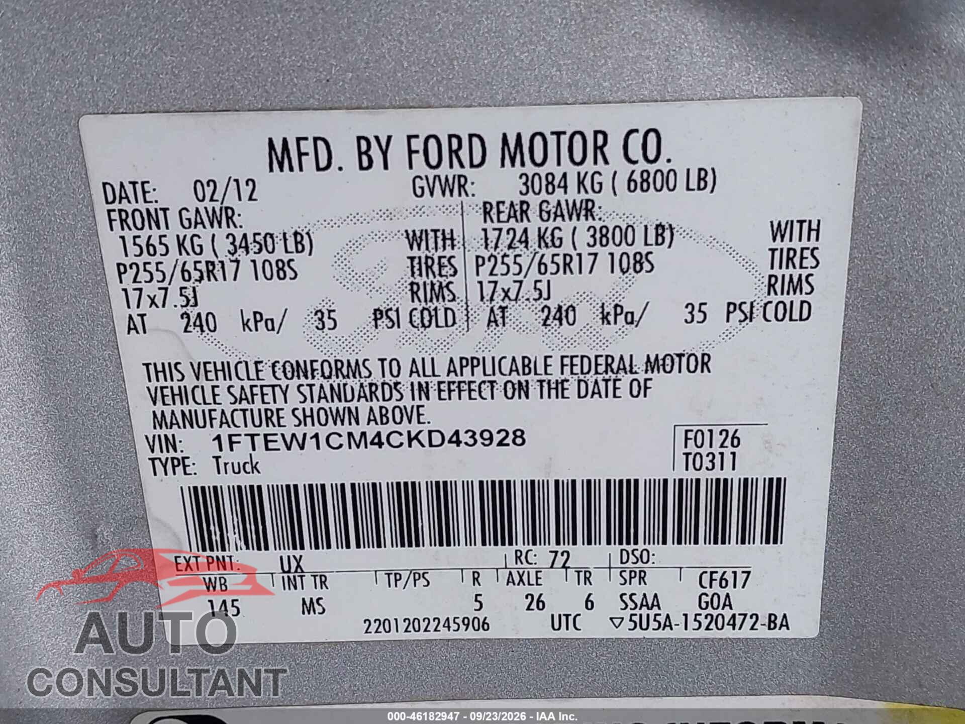 FORD F-150 2012 - 1FTEW1CM4CKD43928