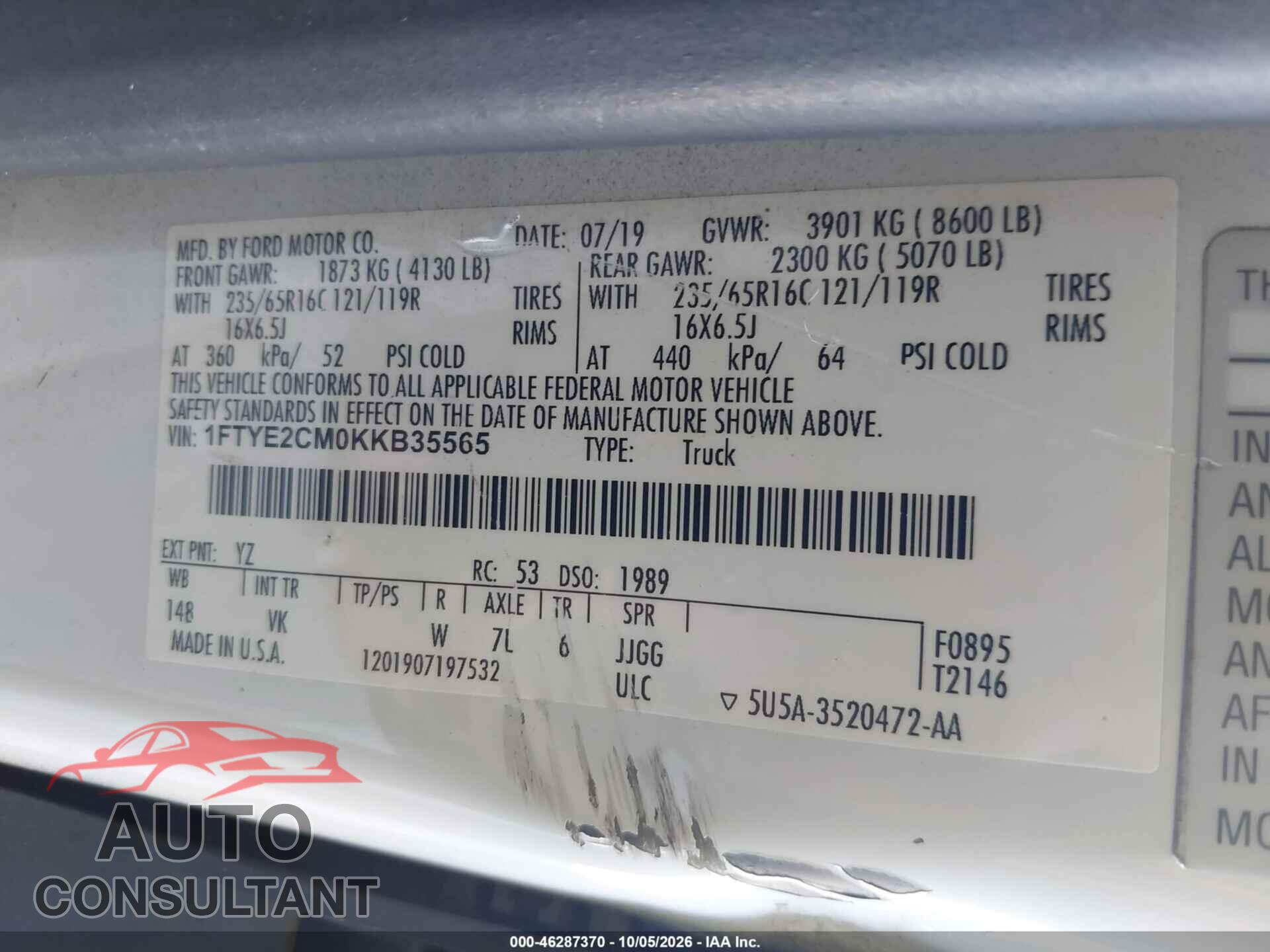 FORD TRANSIT-150 2019 - 1FTYE2CM0KKB35565