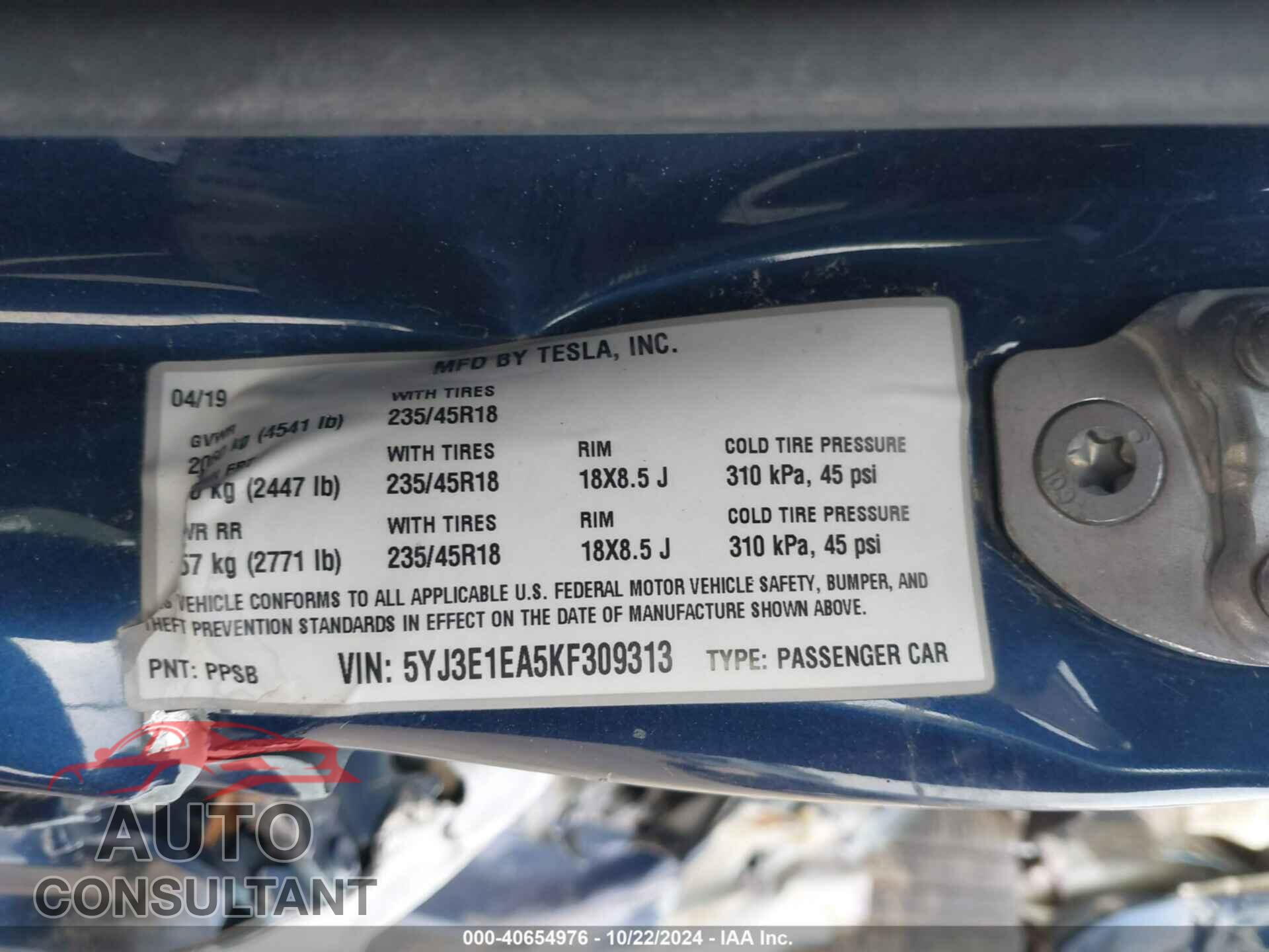 TESLA MODEL 3 2019 - 5YJ3E1EA5KF309313