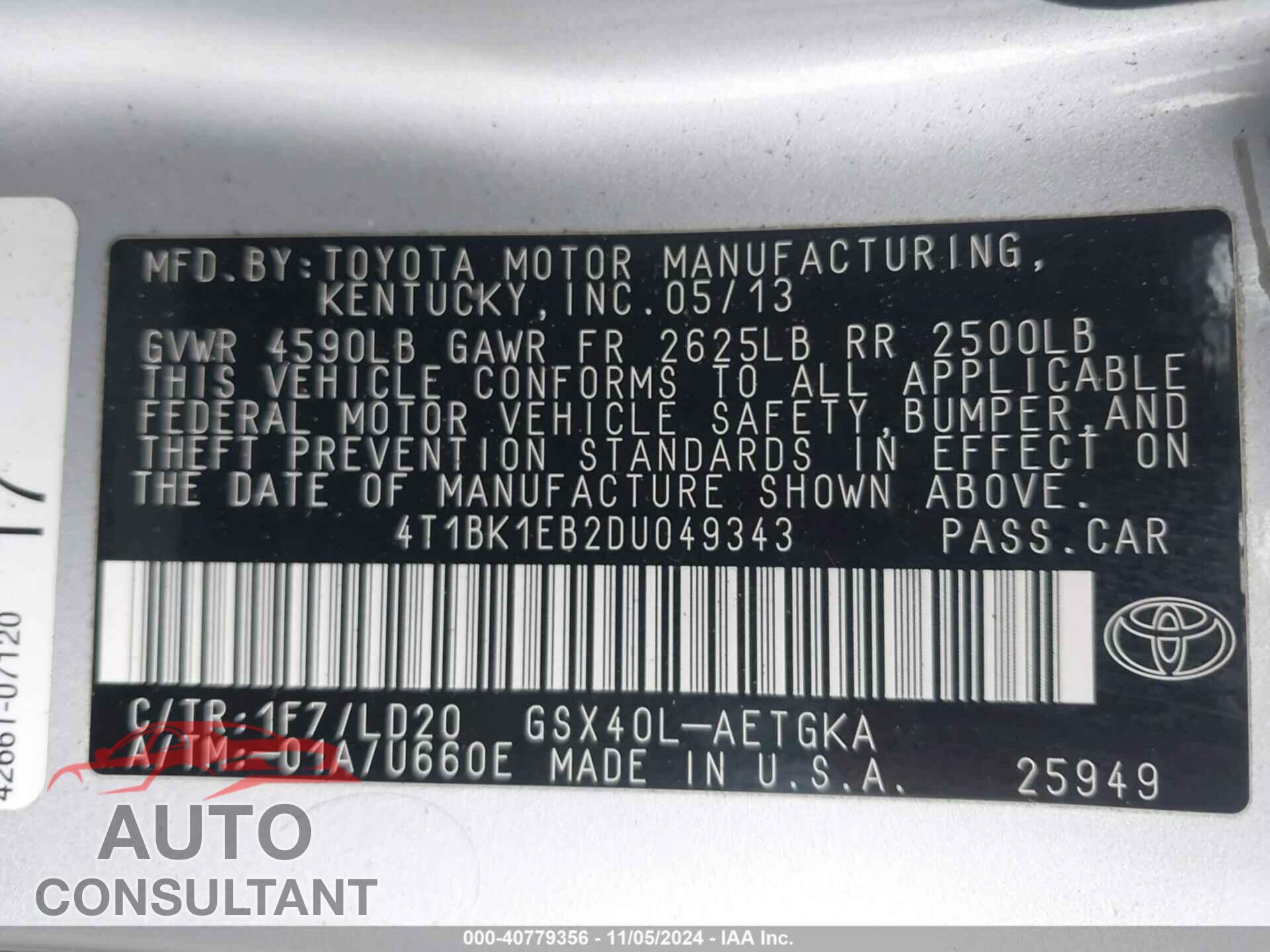 TOYOTA AVALON 2013 - 4T1BK1EB2DU049343