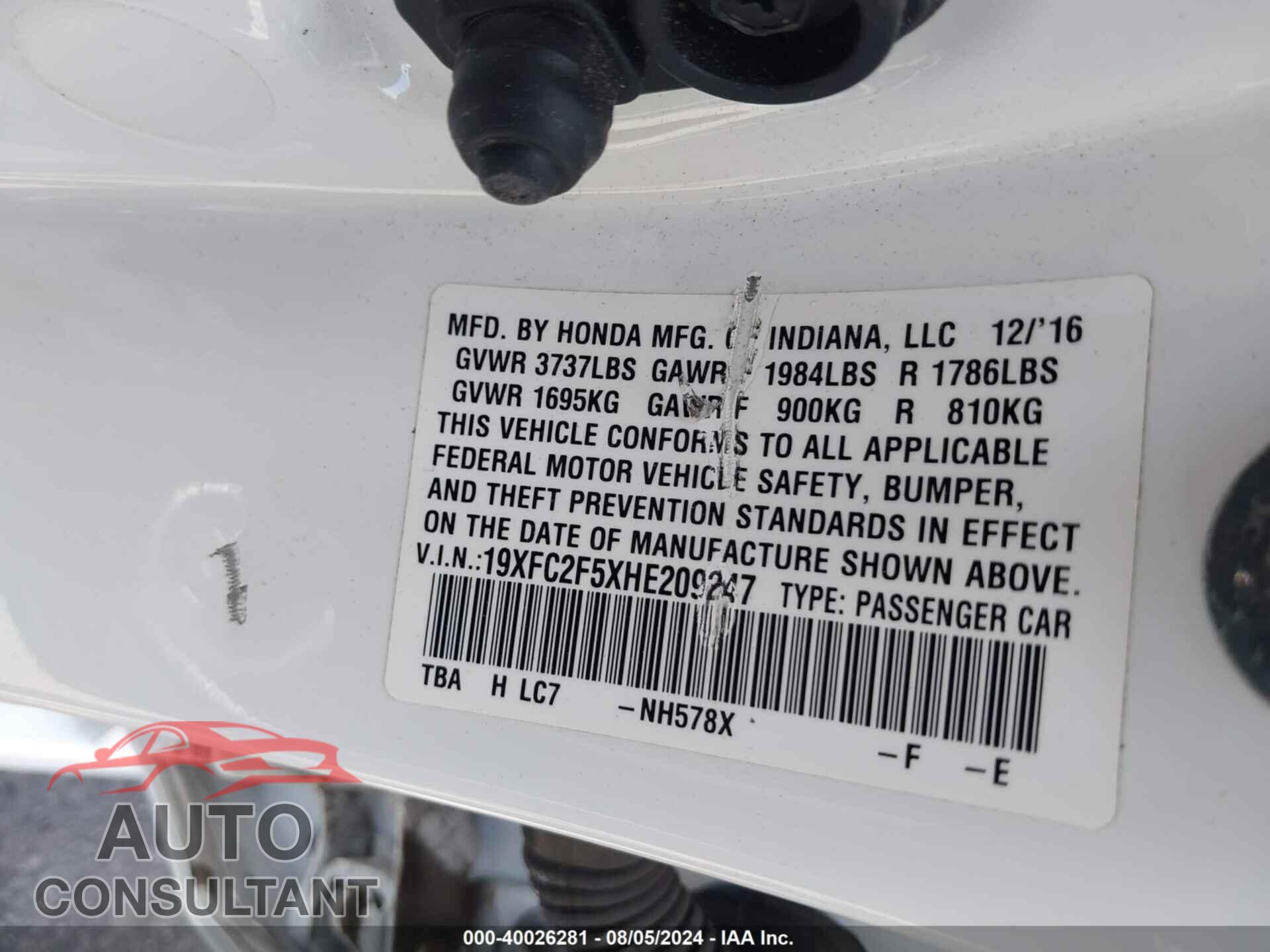 HONDA CIVIC 2017 - 19XFC2F5XHE209247