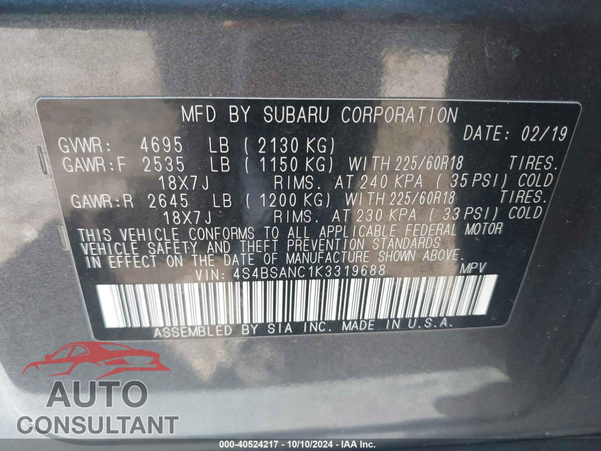 SUBARU OUTBACK 2019 - 4S4BSANC1K3319688