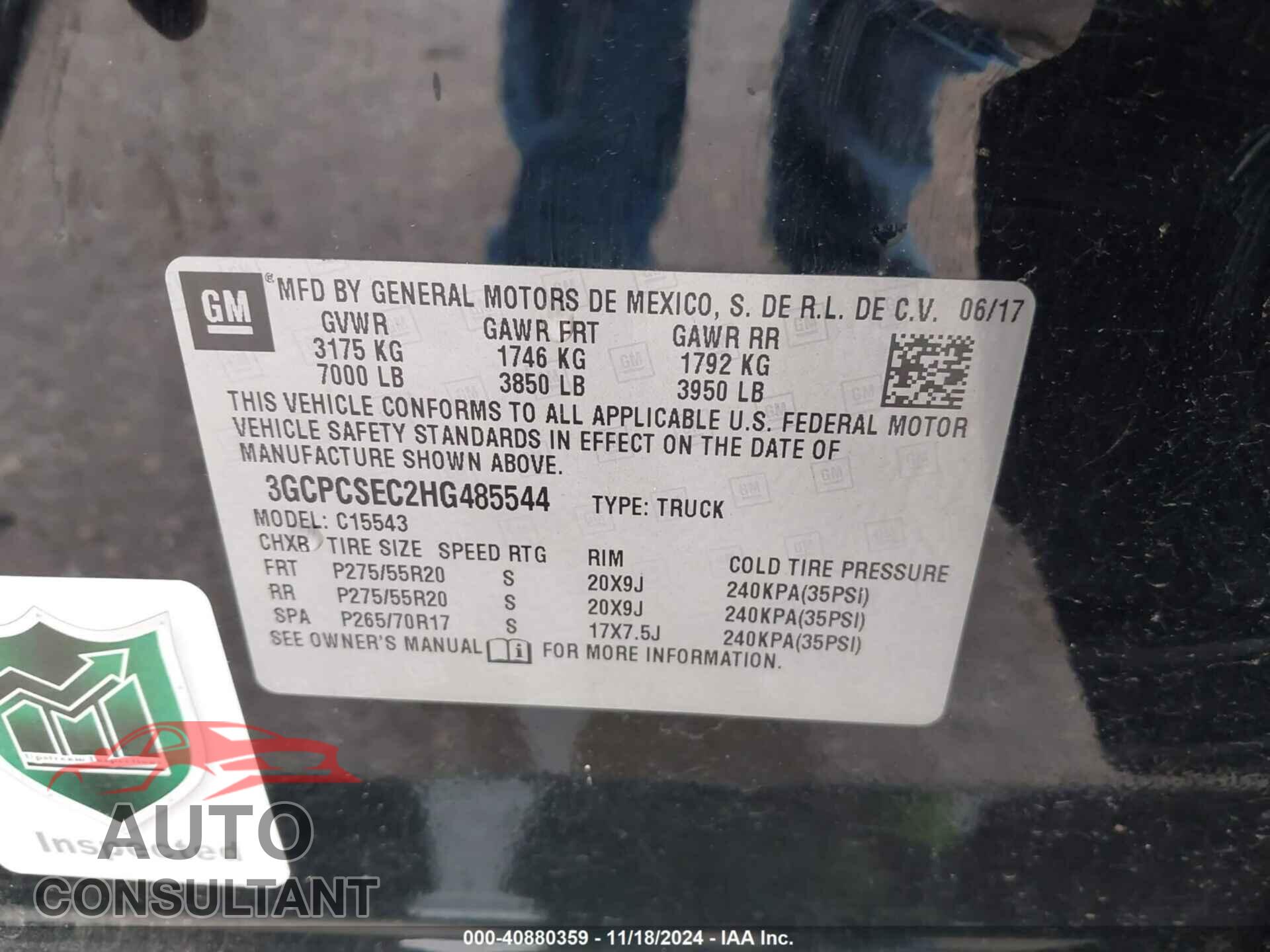 CHEVROLET SILVERADO 1500 2017 - 3GCPCSEC2HG485544