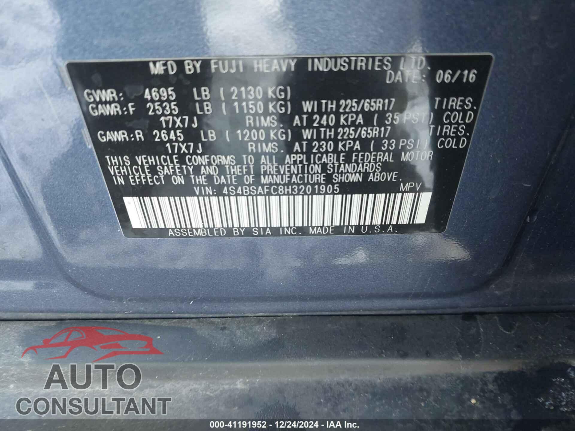 SUBARU OUTBACK 2017 - 4S4BSAFC8H3201905