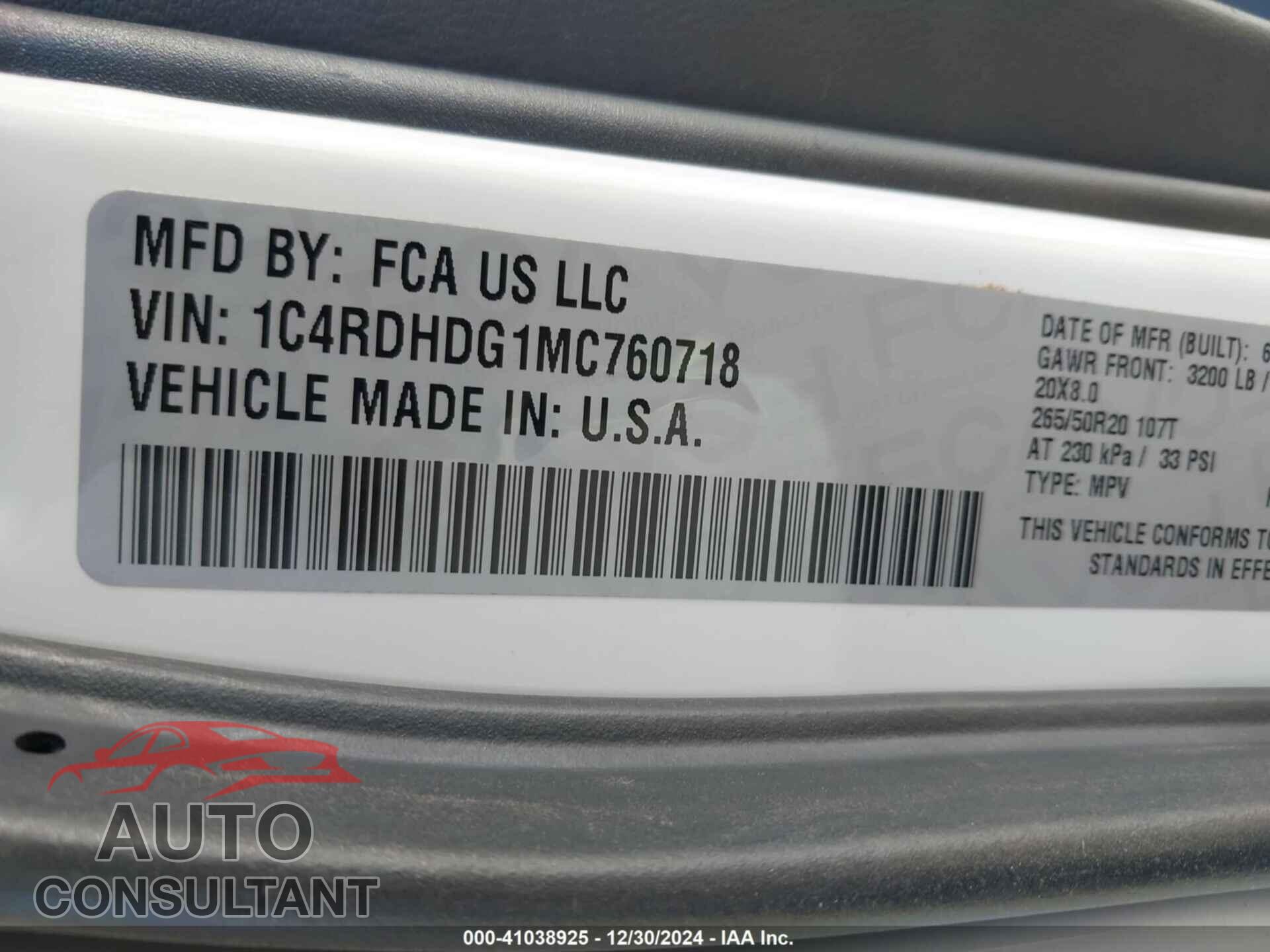 DODGE DURANGO 2021 - 1C4RDHDG1MC760718