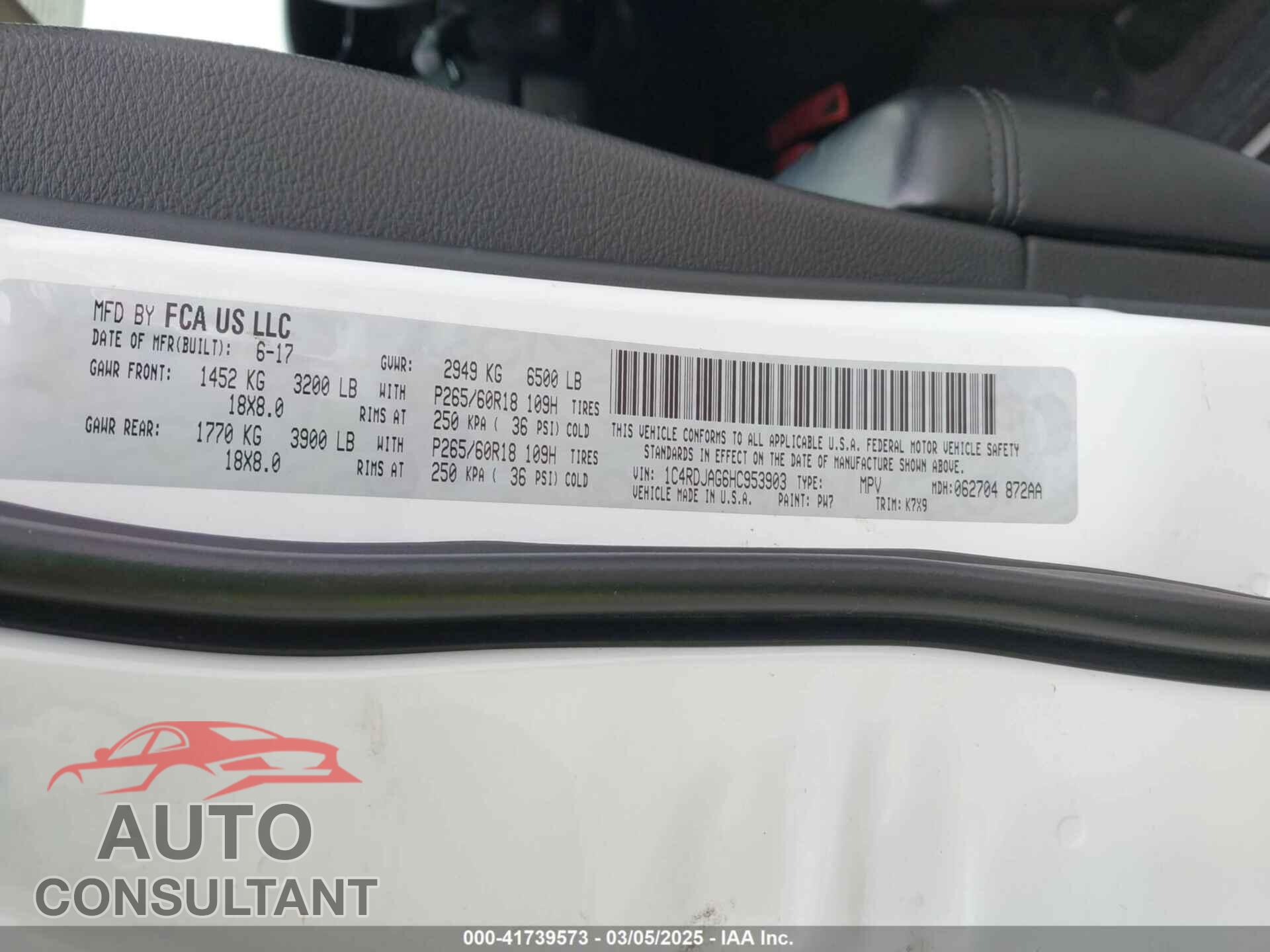 DODGE DURANGO 2017 - 1C4RDJAG6HC953903