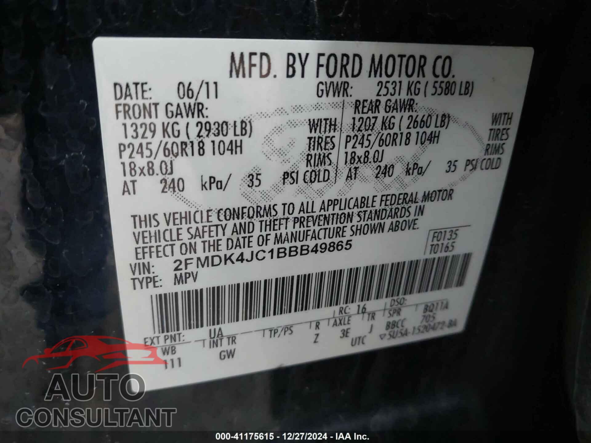 FORD EDGE 2011 - 2FMDK4JC1BBB49865