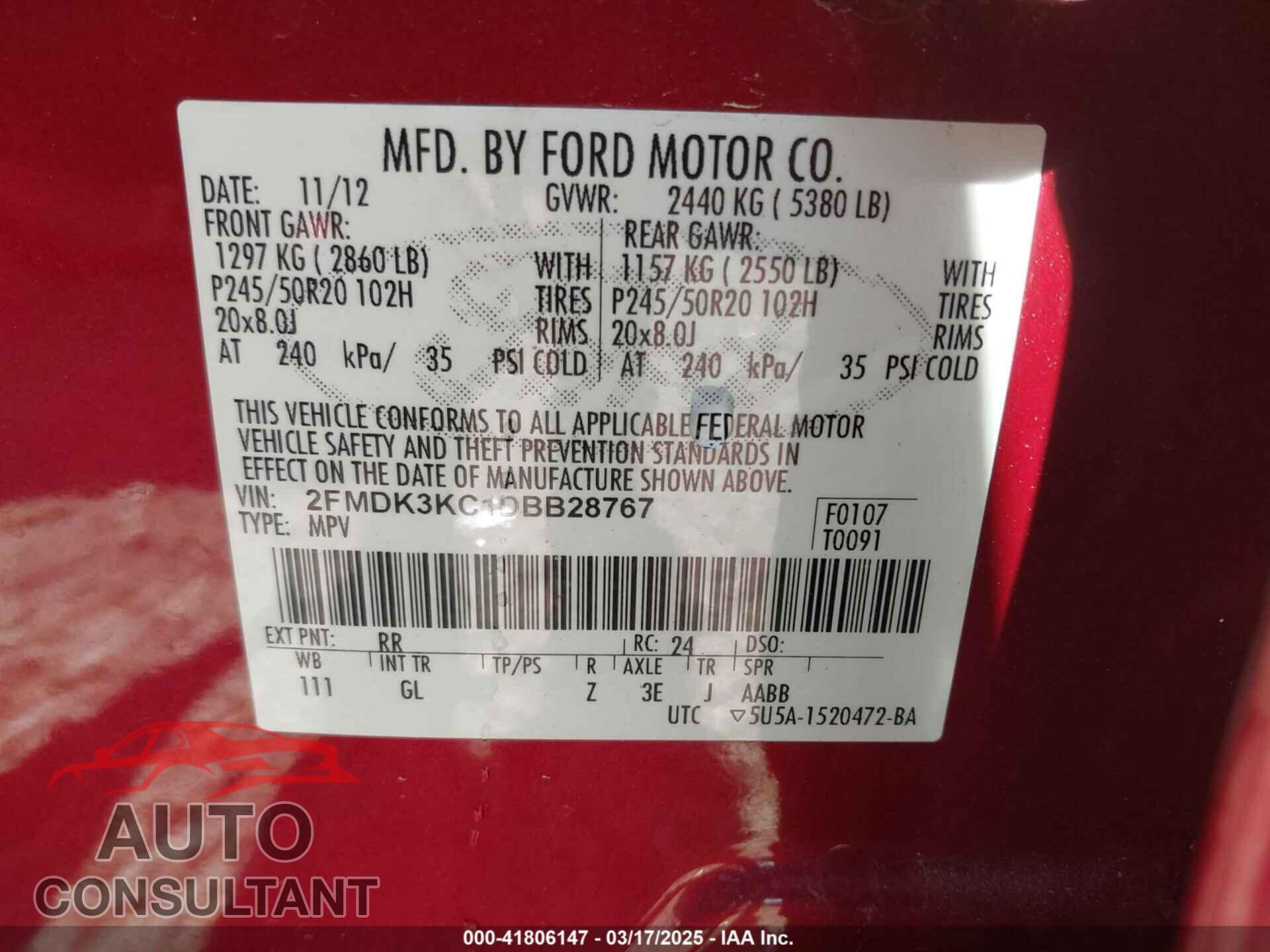 FORD EDGE 2013 - 2FMDK3KC1DBB28767