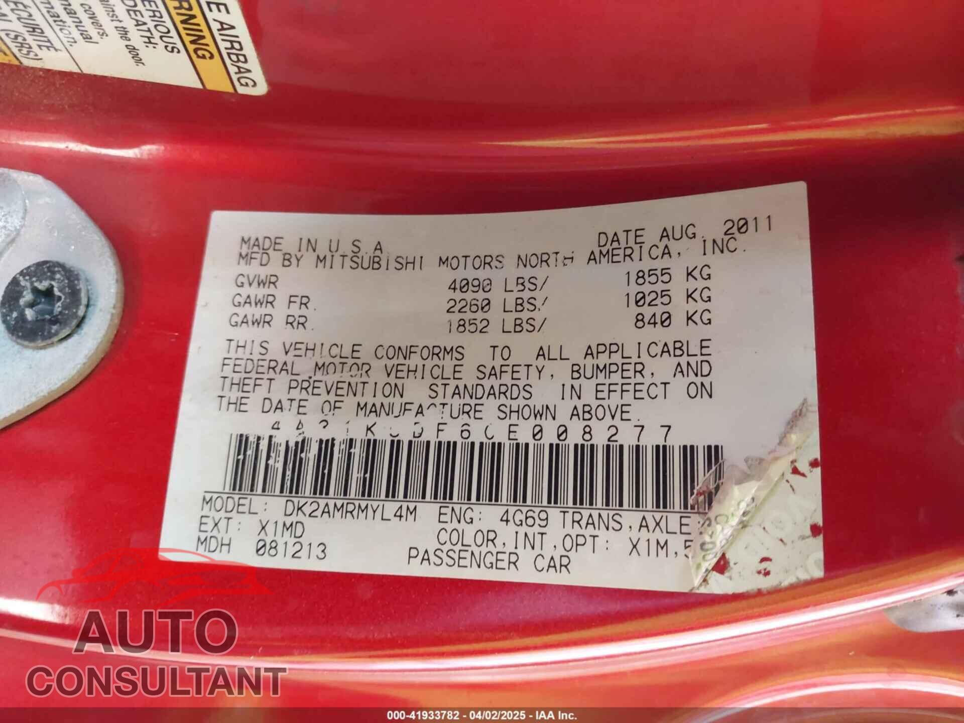 MITSUBISHI ECLIPSE 2012 - 4A31K5DF6CE008277