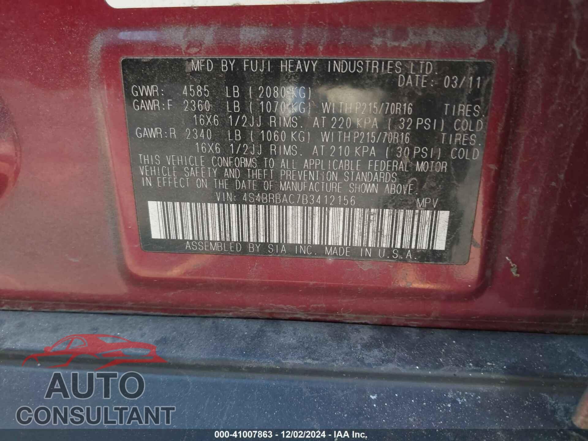 SUBARU OUTBACK 2011 - 4S4BRBAC7B3412156