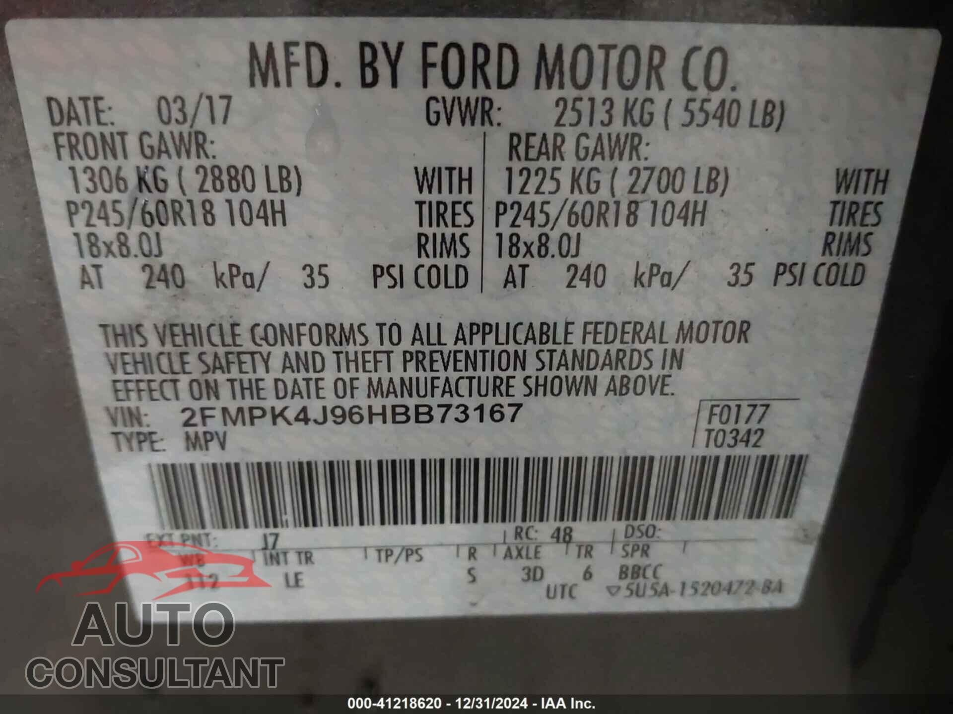 FORD EDGE 2017 - 2FMPK4J96HBB73167