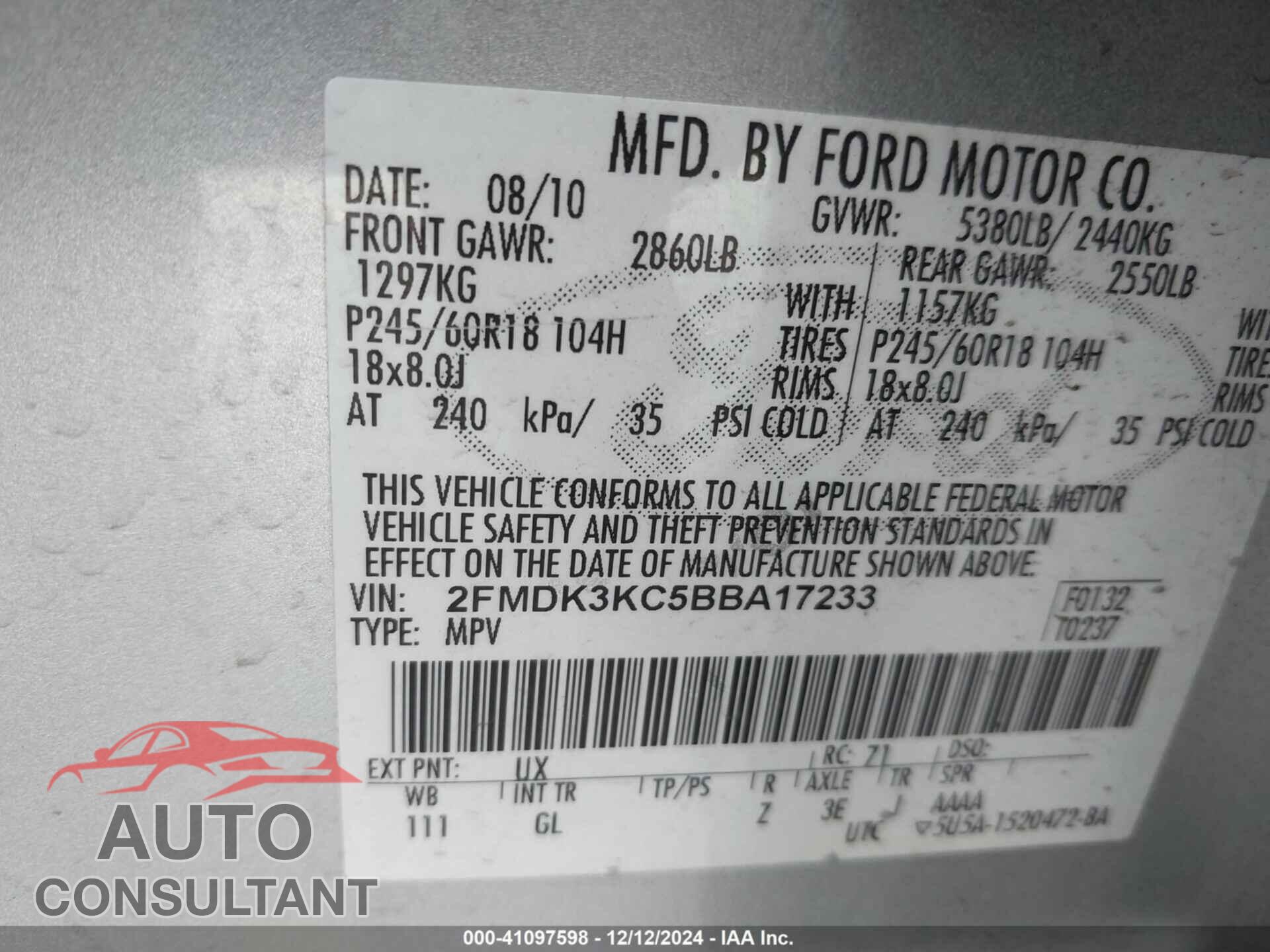 FORD EDGE 2011 - 2FMDK3KC5BBA17233