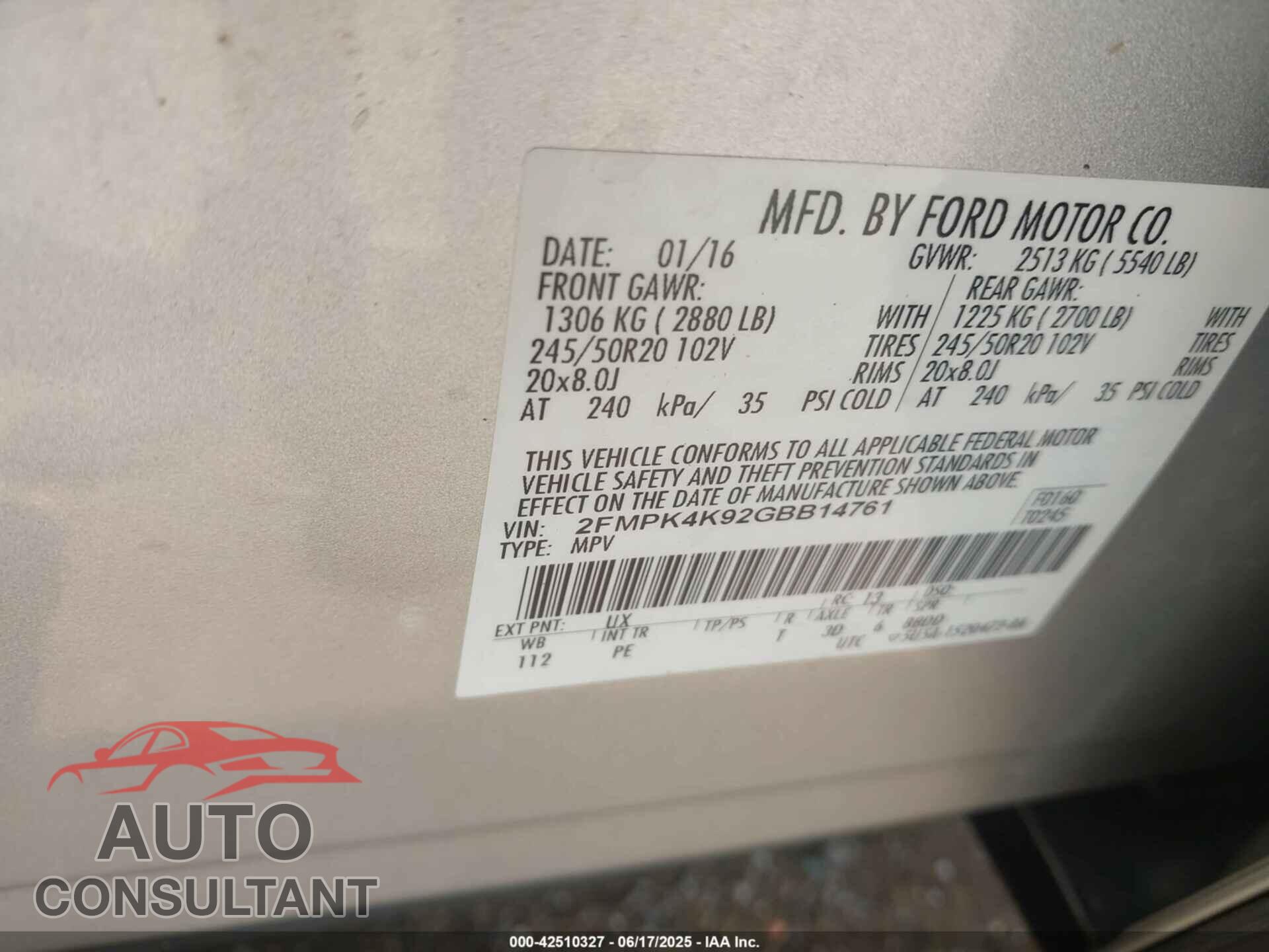 FORD EDGE 2016 - 2FMPK4K92GBB14761
