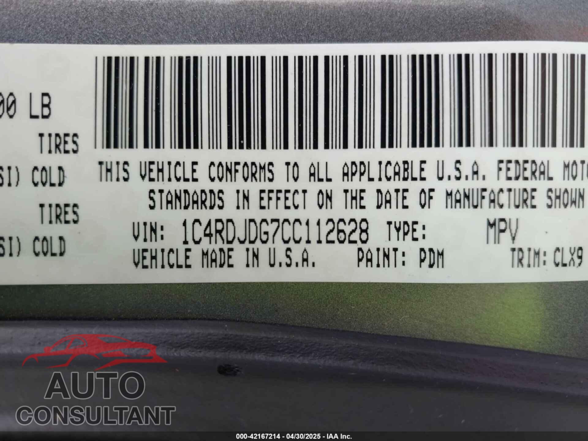 DODGE DURANGO 2012 - 1C4RDJDG7CC112628
