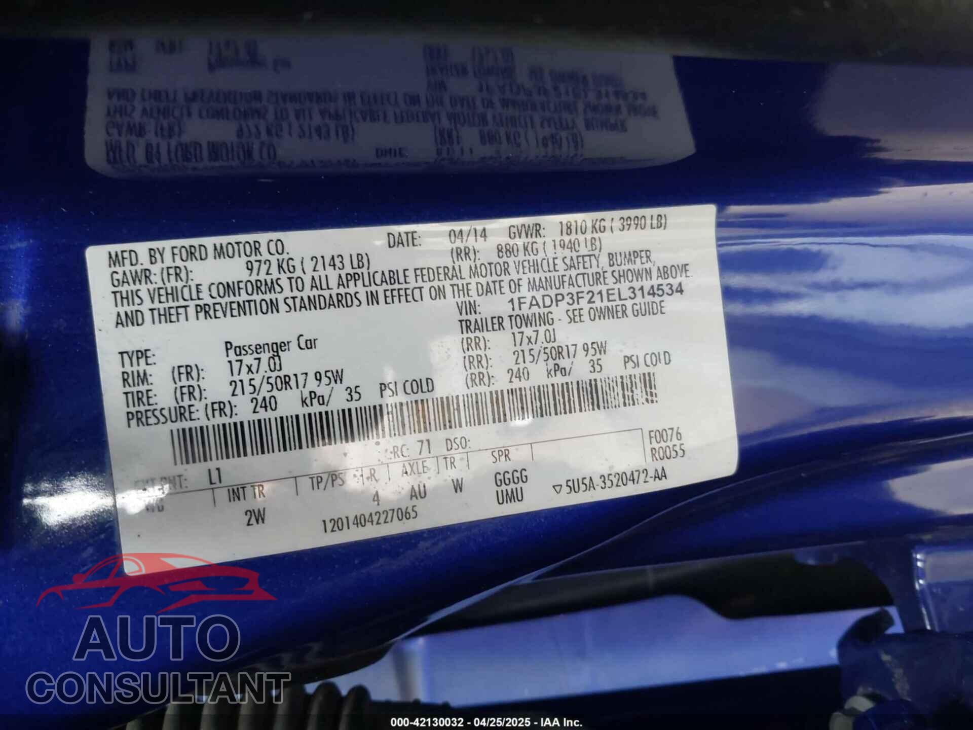 FORD FOCUS 2014 - 1FADP3F21EL314534