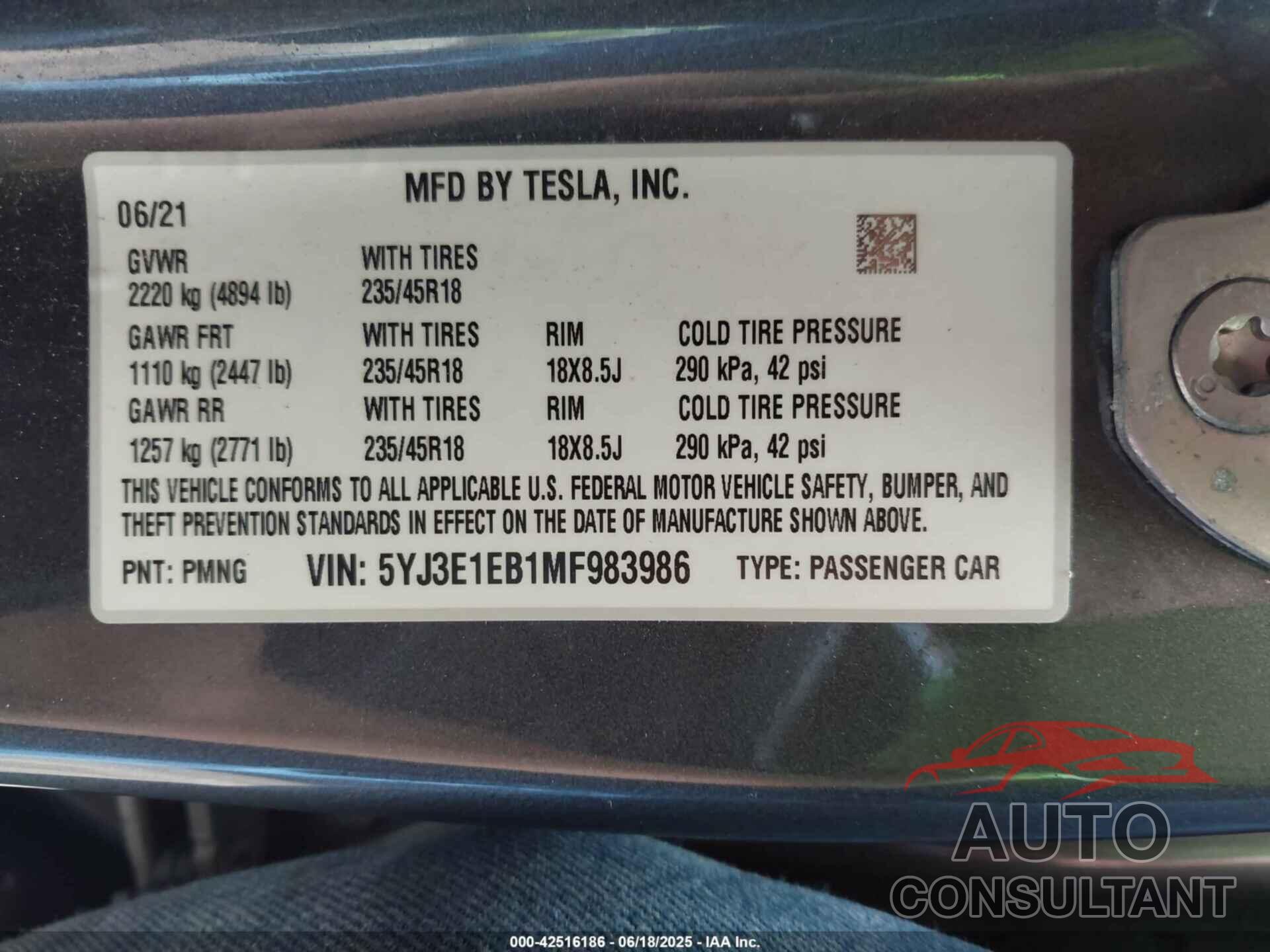 TESLA MODEL 3 2021 - 5YJ3E1EB1MF983986