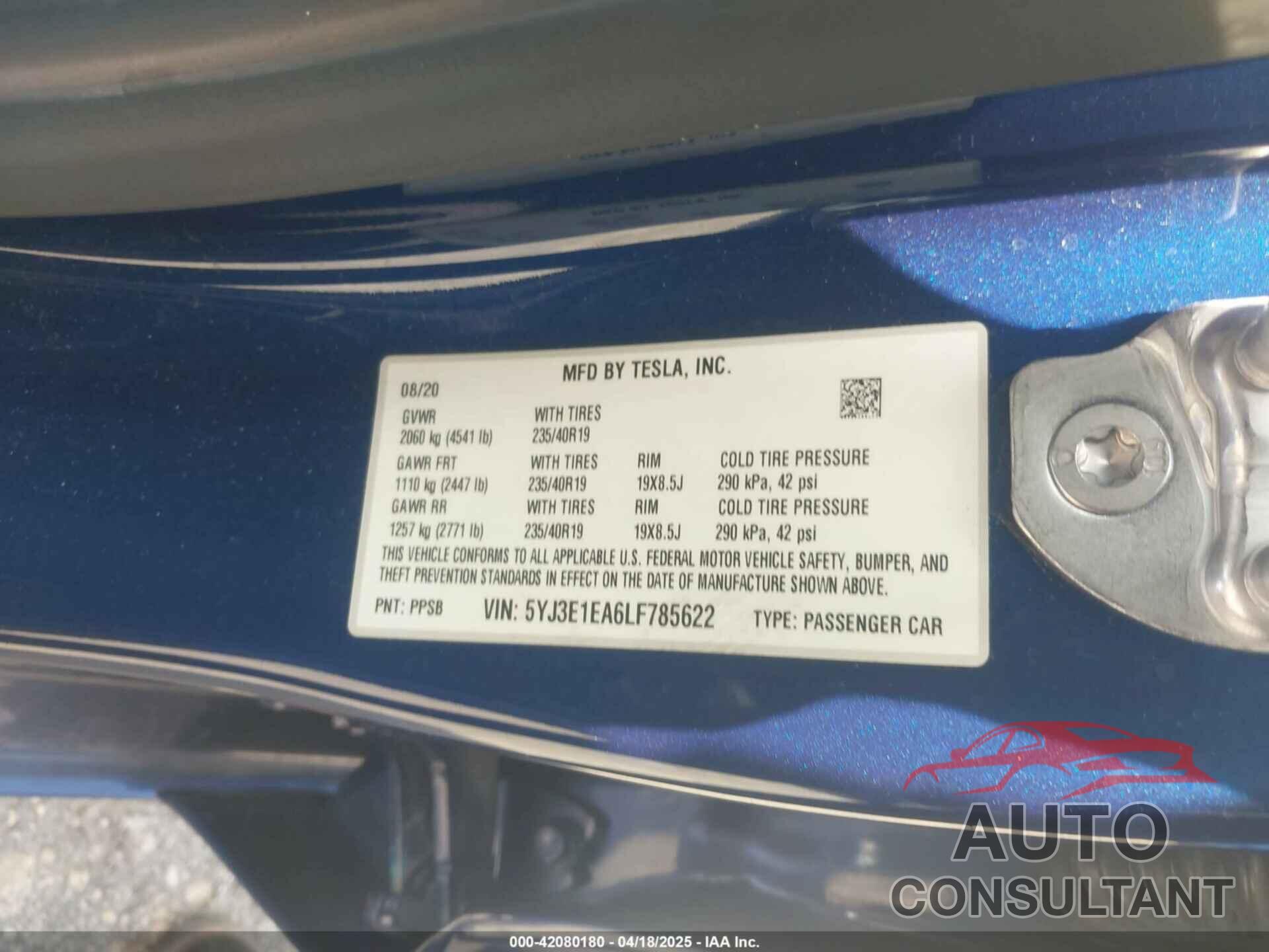 TESLA MODEL 3 2020 - 5YJ3E1EA6LF785622