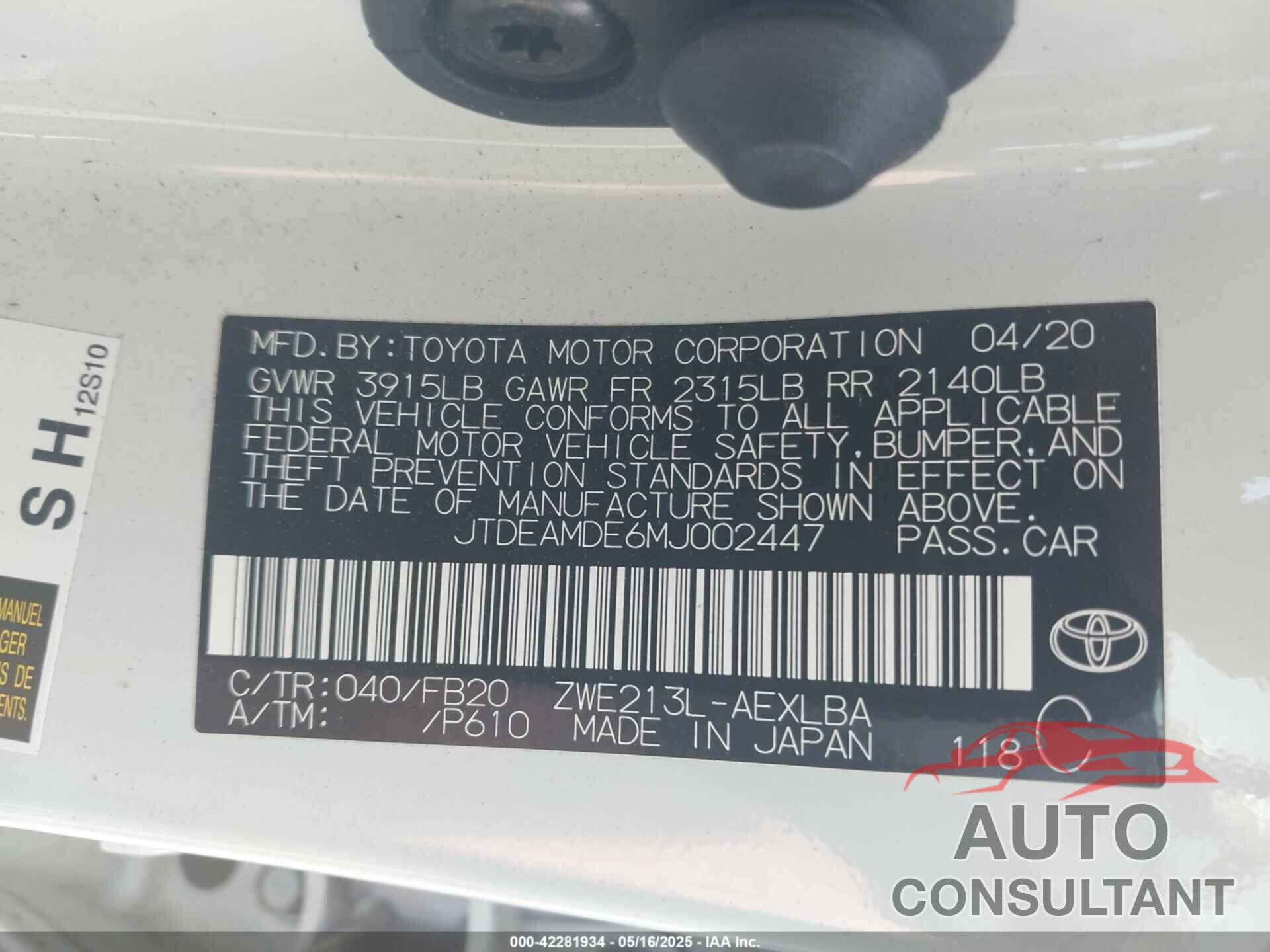 TOYOTA COROLLA 2021 - JTDEAMDE6MJ002447