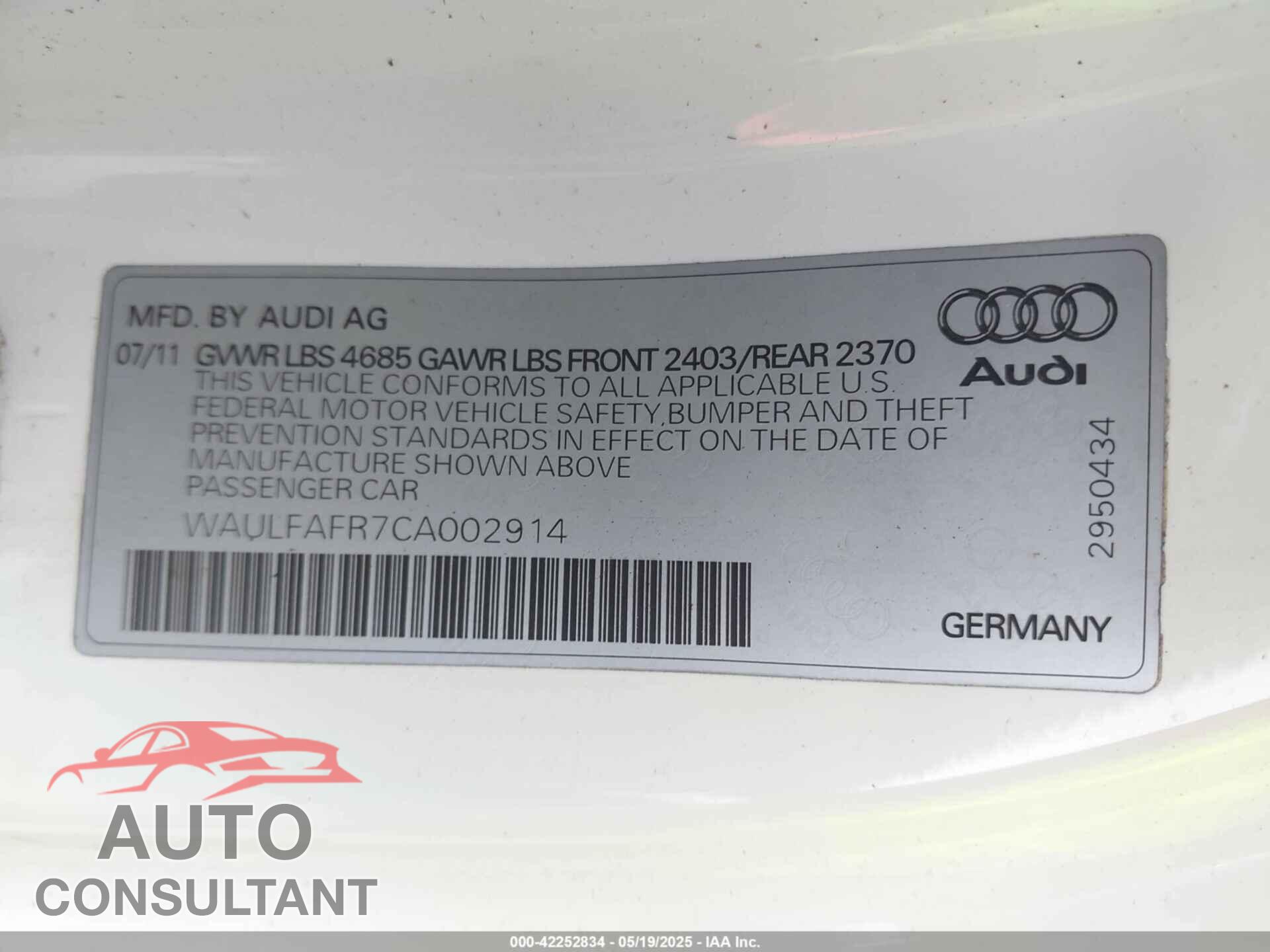 AUDI A5 2012 - WAULFAFR7CA002914