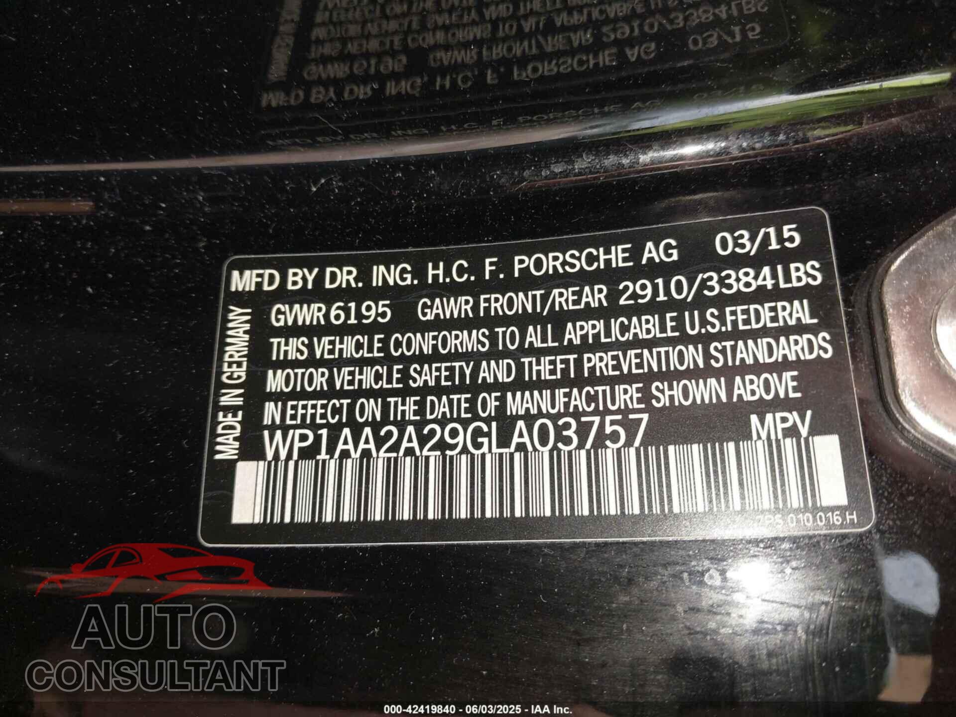 PORSCHE CAYENNE 2016 - WP1AA2A29GLA03757