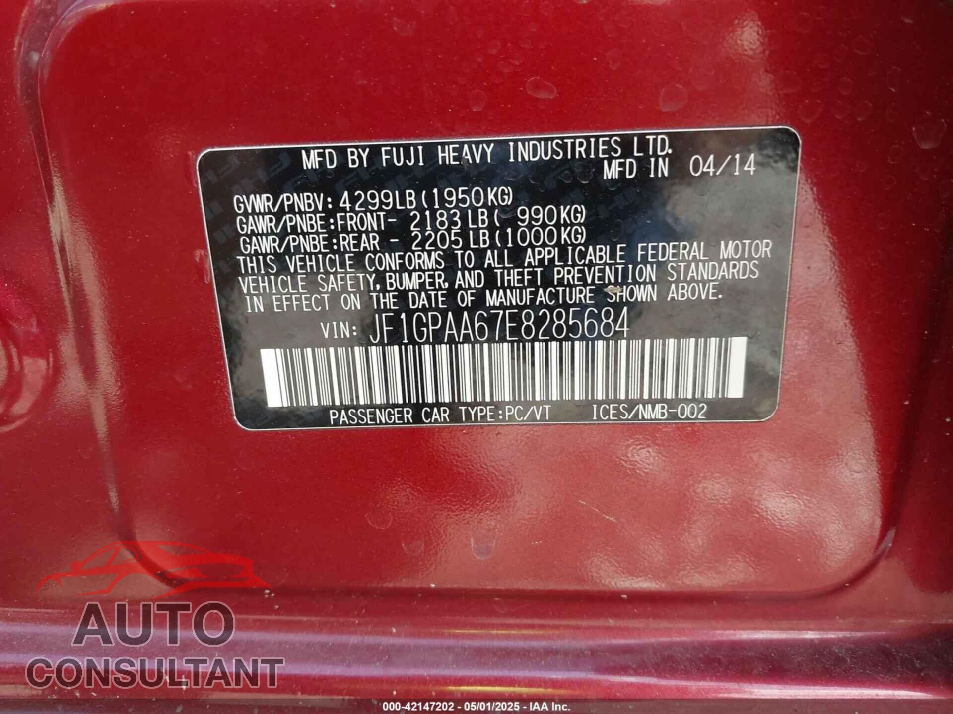 SUBARU IMPREZA 2014 - JF1GPAA67E8285684