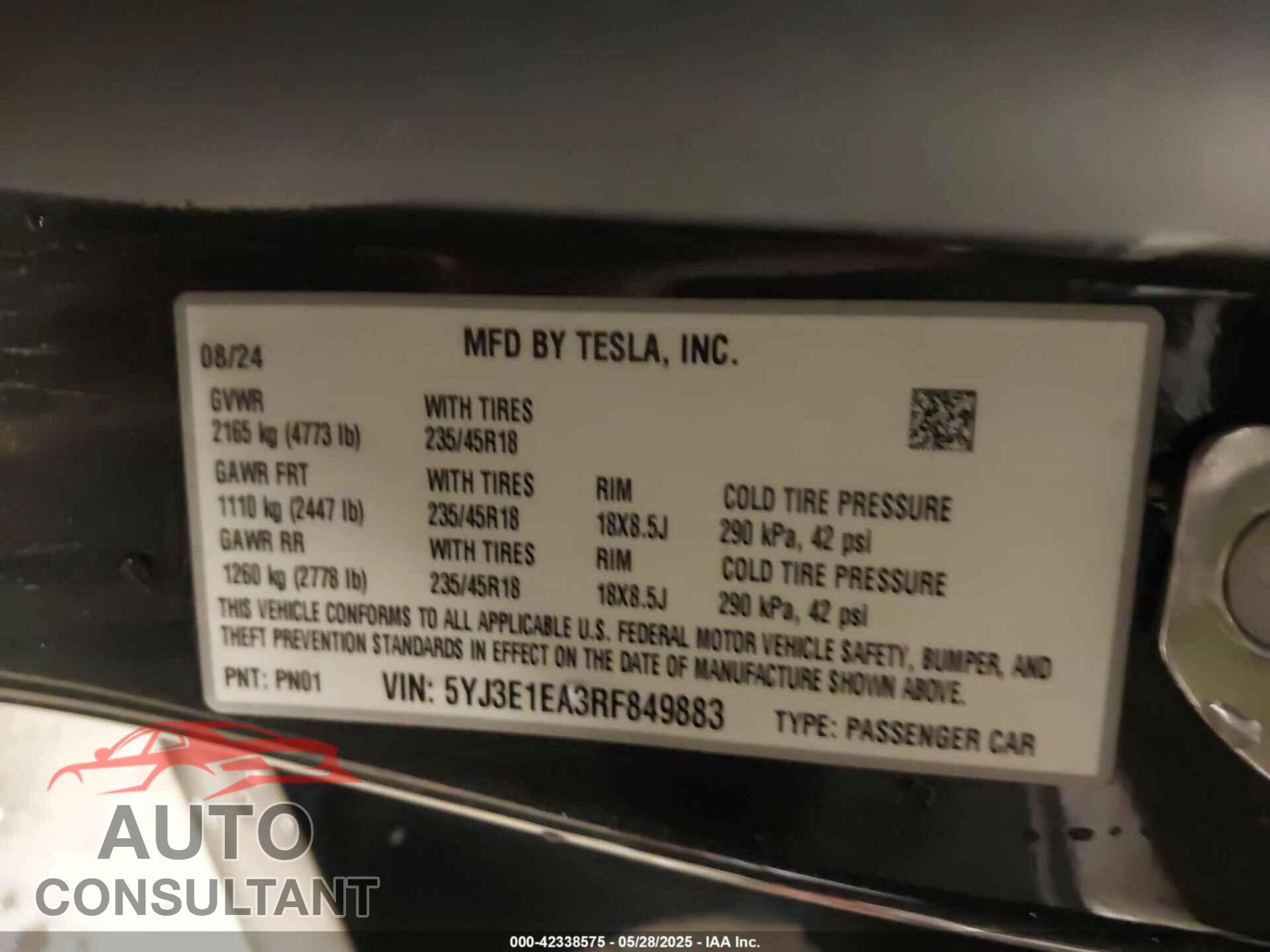 TESLA MODEL 3 2024 - 5YJ3E1EA3RF849883