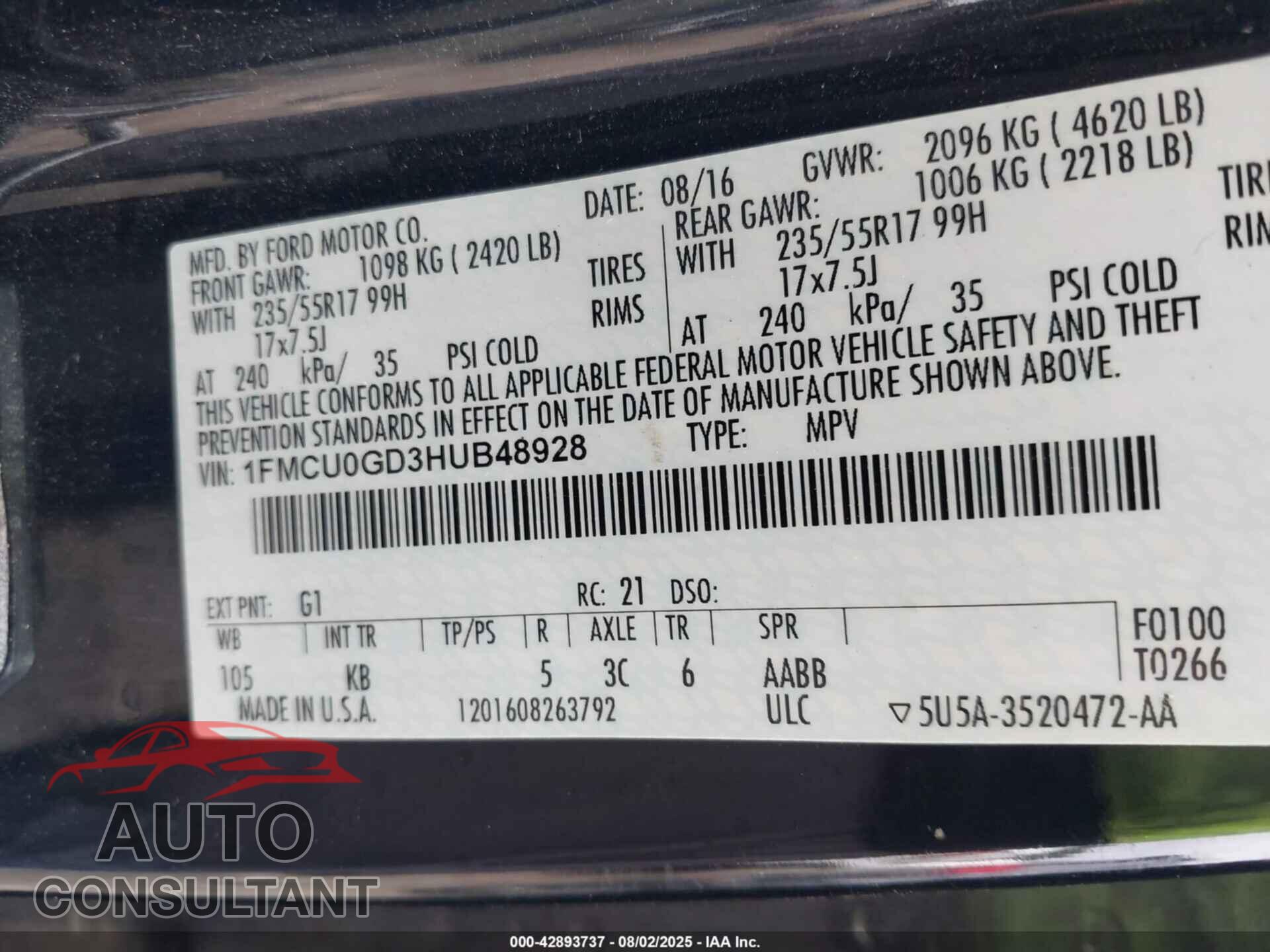 FORD ESCAPE 2017 - 1FMCU0GD3HUB48928