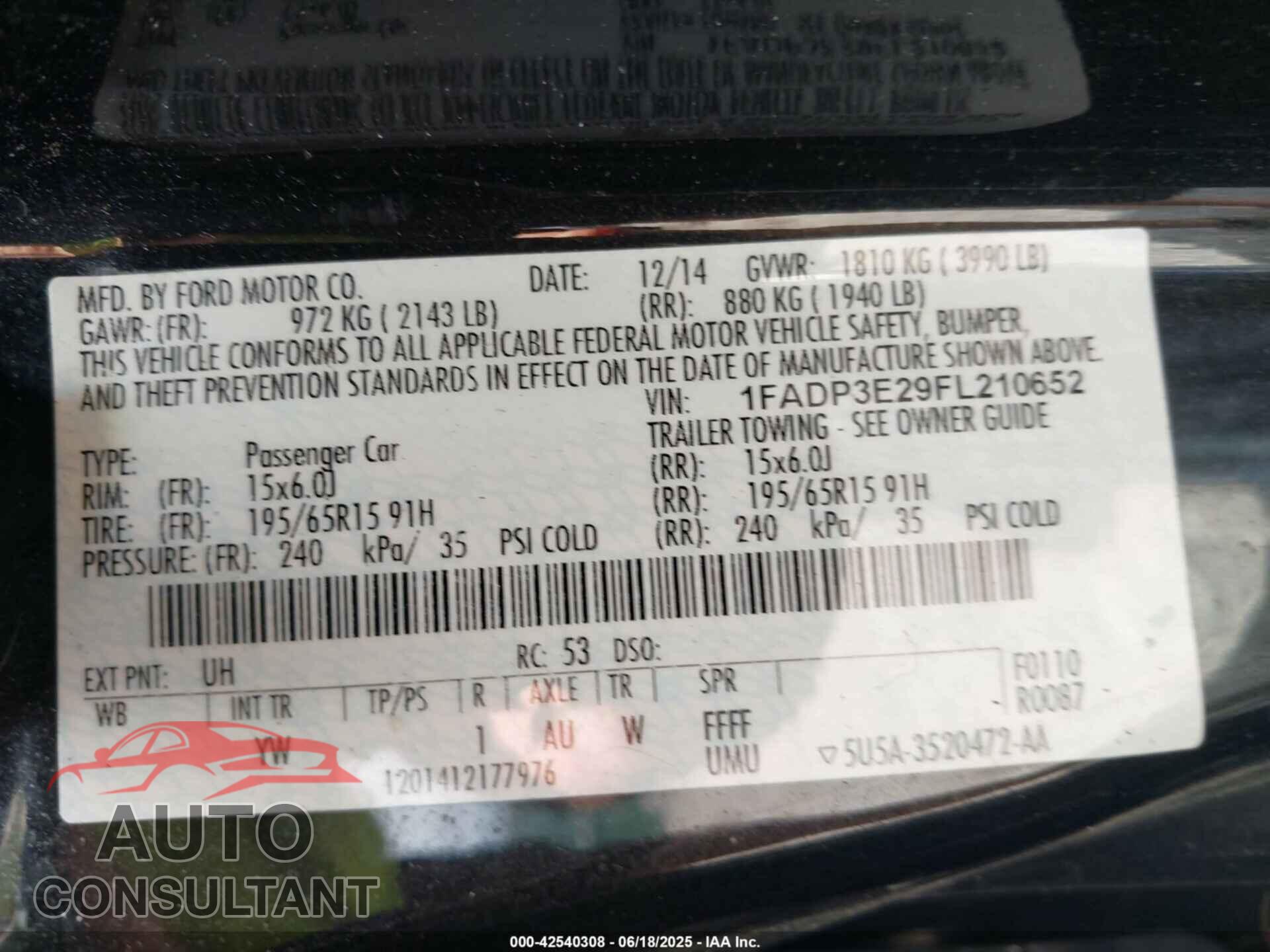 FORD FOCUS 2015 - 1FADP3E29FL210652