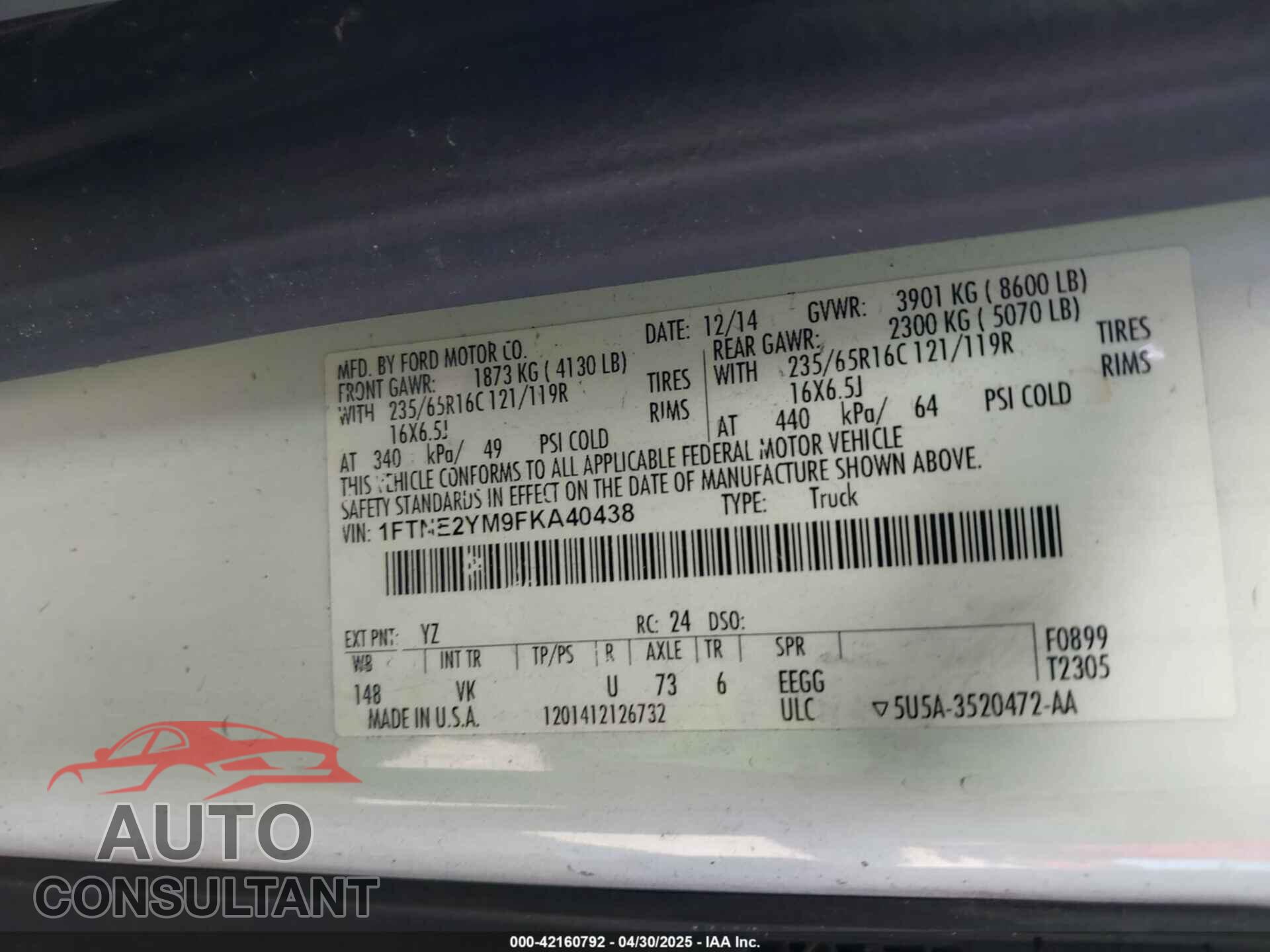 FORD TRANSIT-150 2015 - 1FTNE2YM9FKA40438