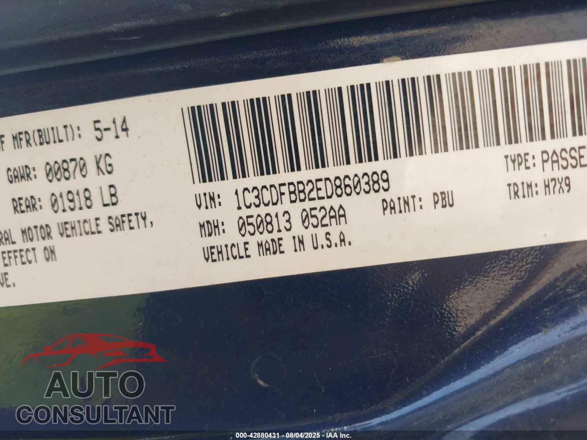 DODGE DART 2014 - 1C3CDFBB2ED860389
