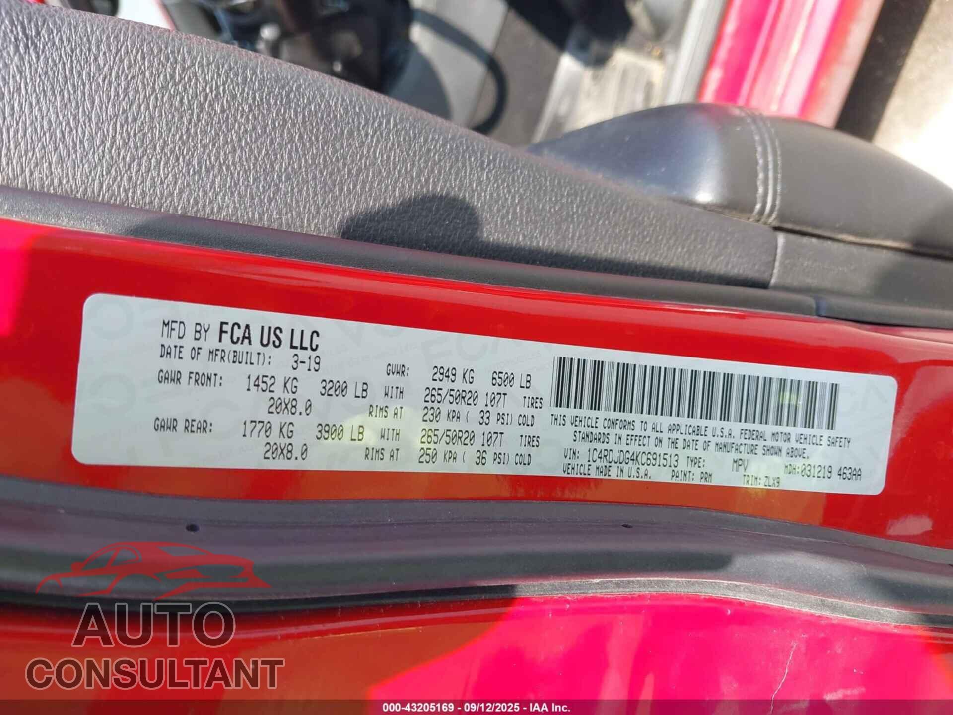 DODGE DURANGO 2019 - 1C4RDJDG4KC691513