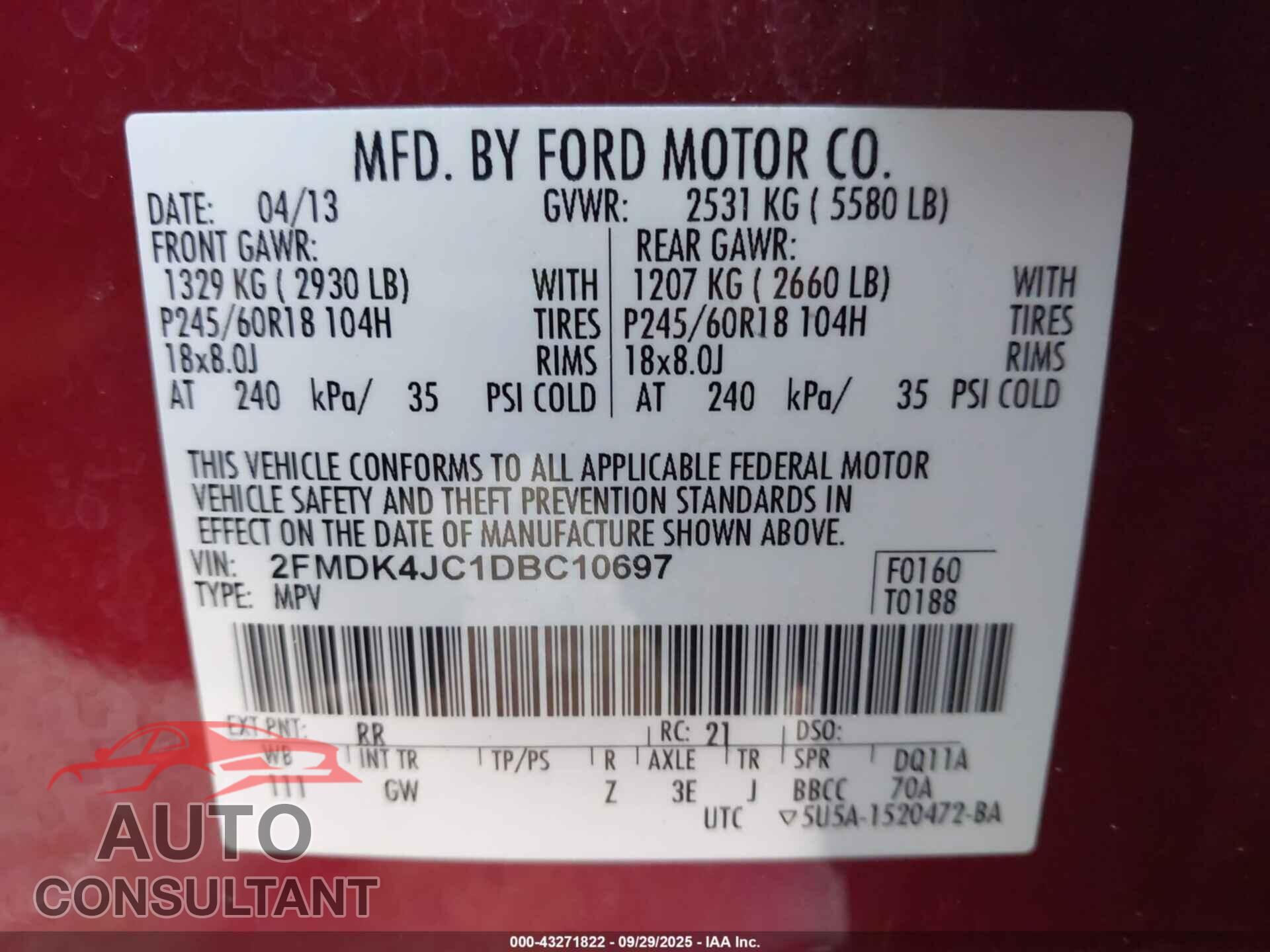 FORD EDGE 2013 - 2FMDK4JC1DBC10697