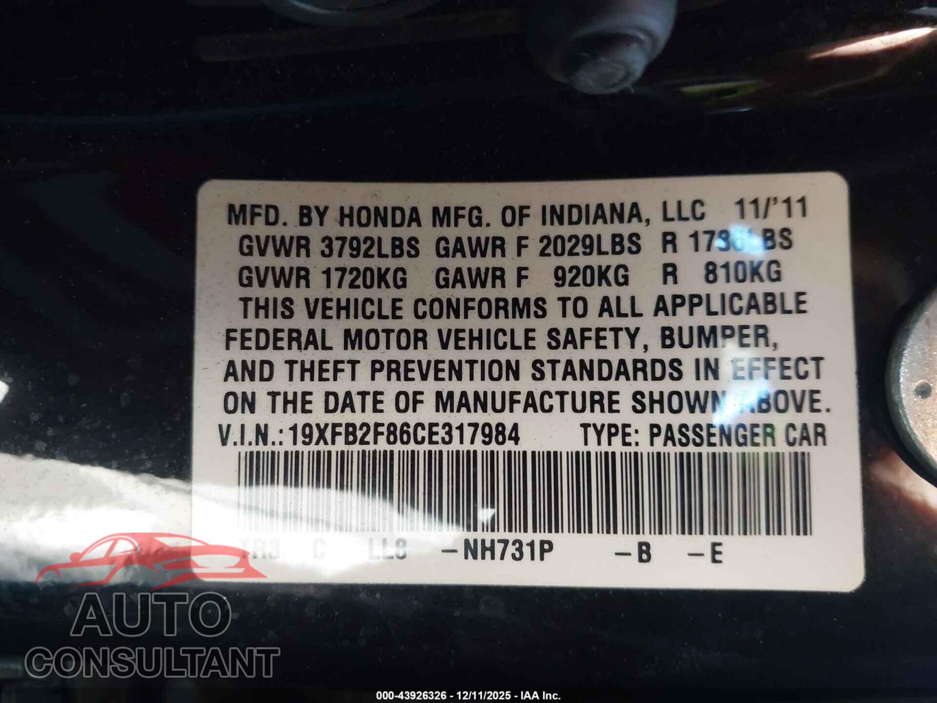 HONDA CIVIC 2012 - 19XFB2F86CE317984