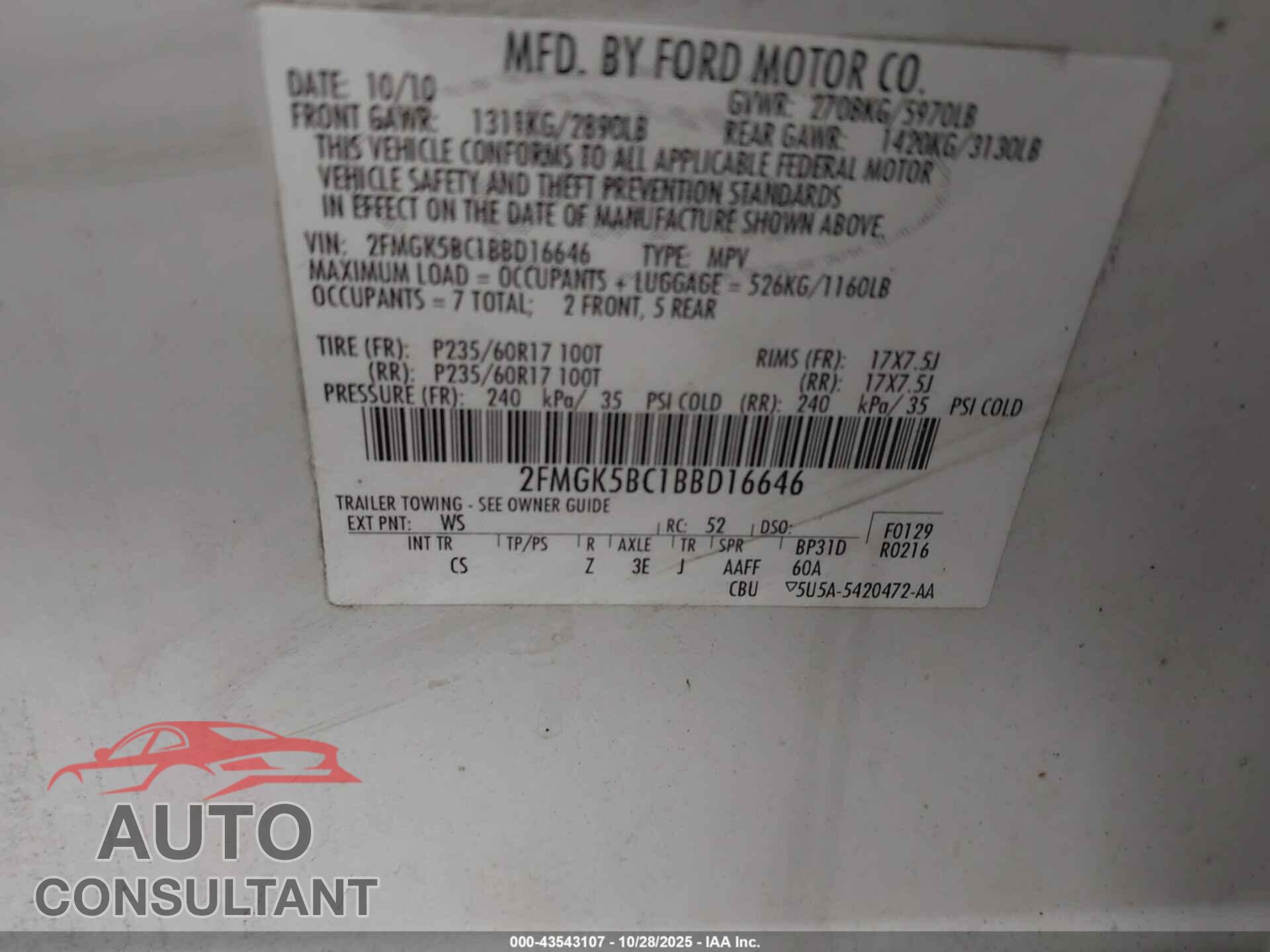 FORD FLEX 2011 - 2FMGK5BC1BBD16646
