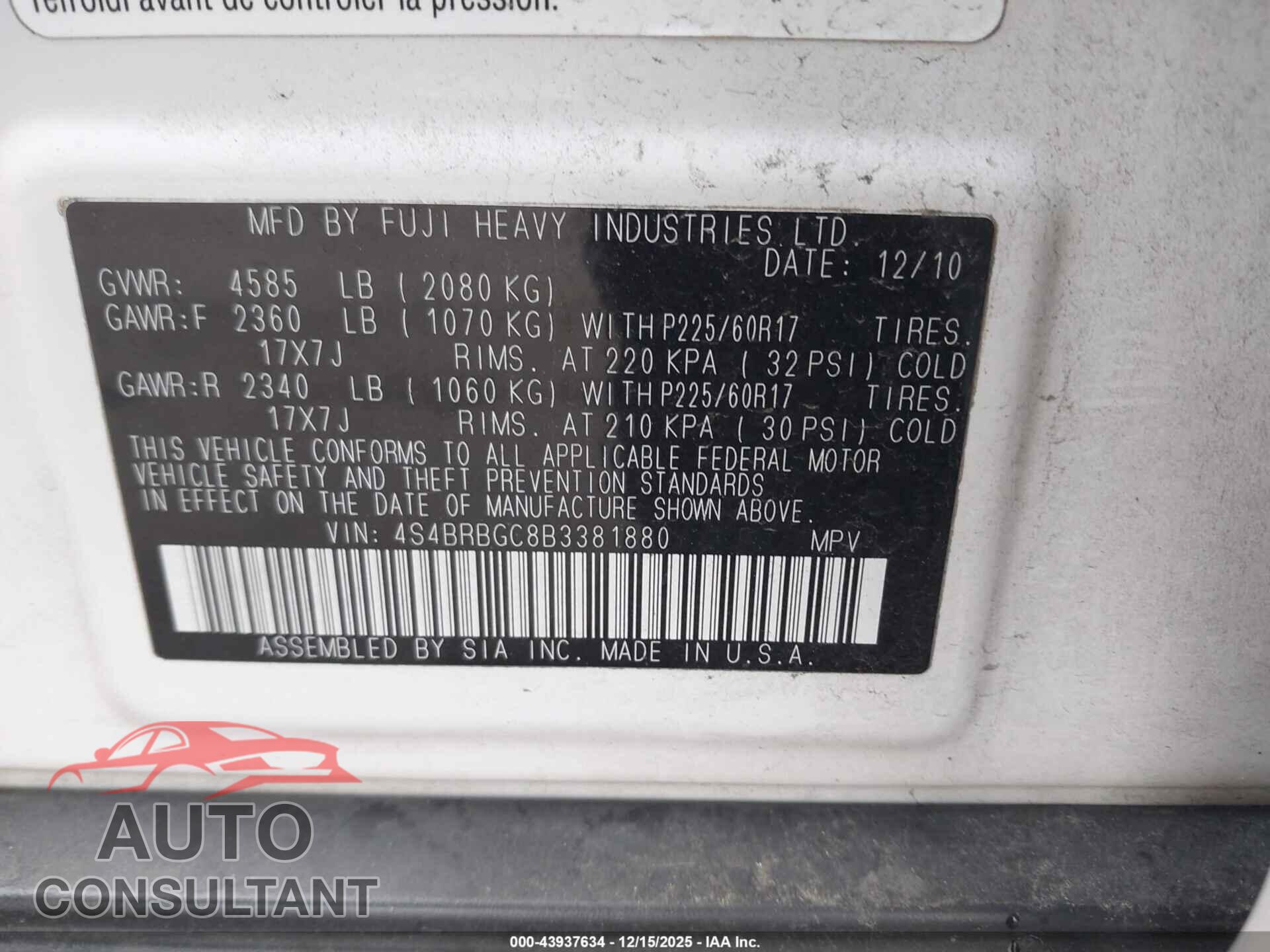 SUBARU OUTBACK 2011 - 4S4BRBGC8B3381880
