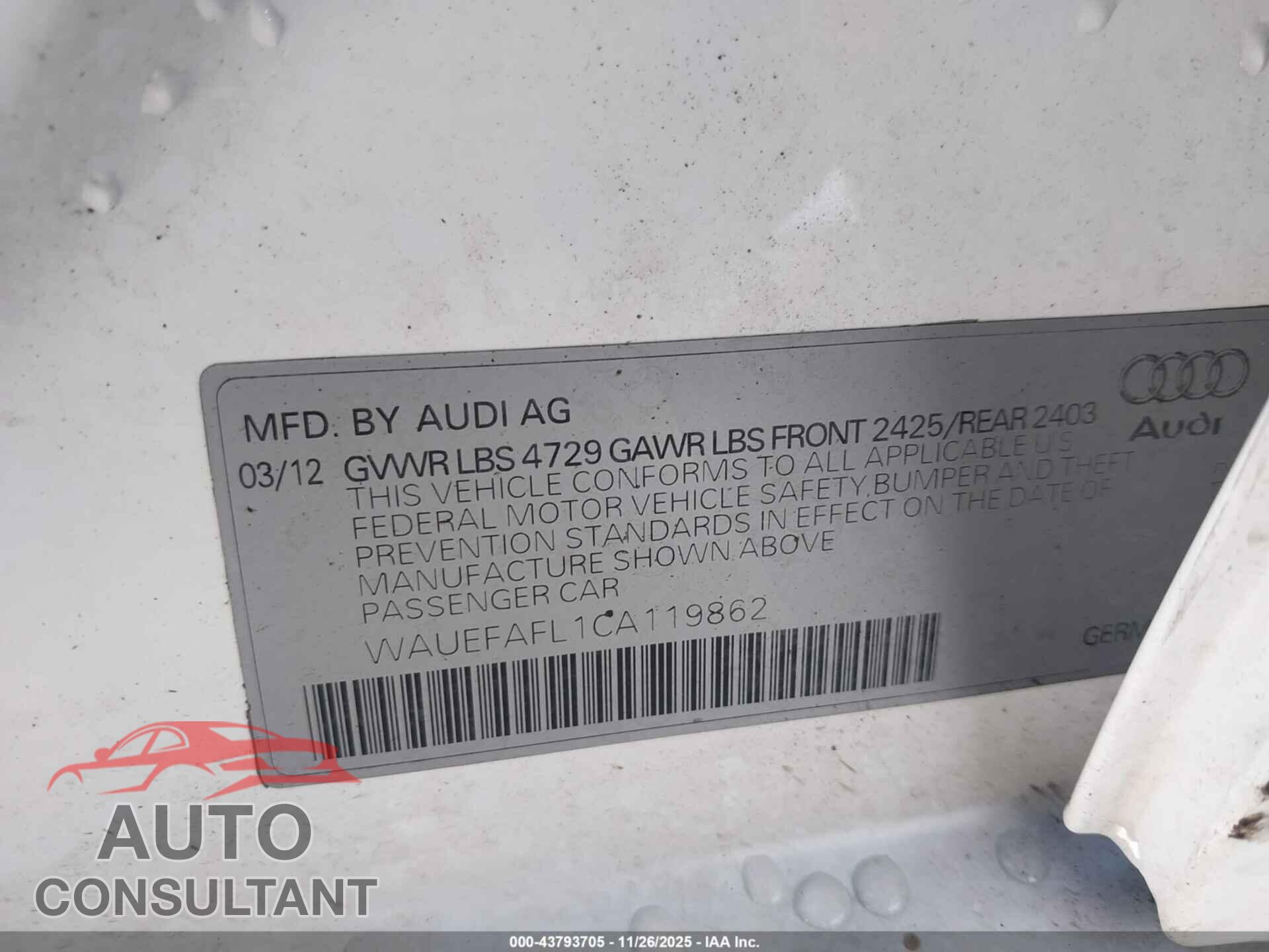 AUDI A4 2012 - WAUEFAFL1CA119862