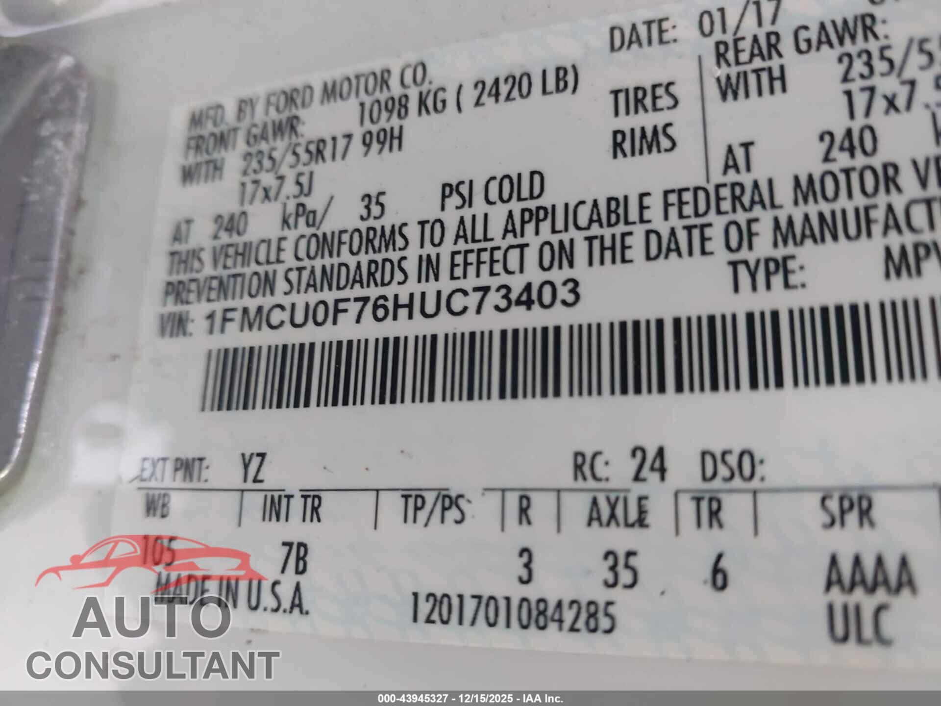 FORD ESCAPE 2017 - 1FMCU0F76HUC73403