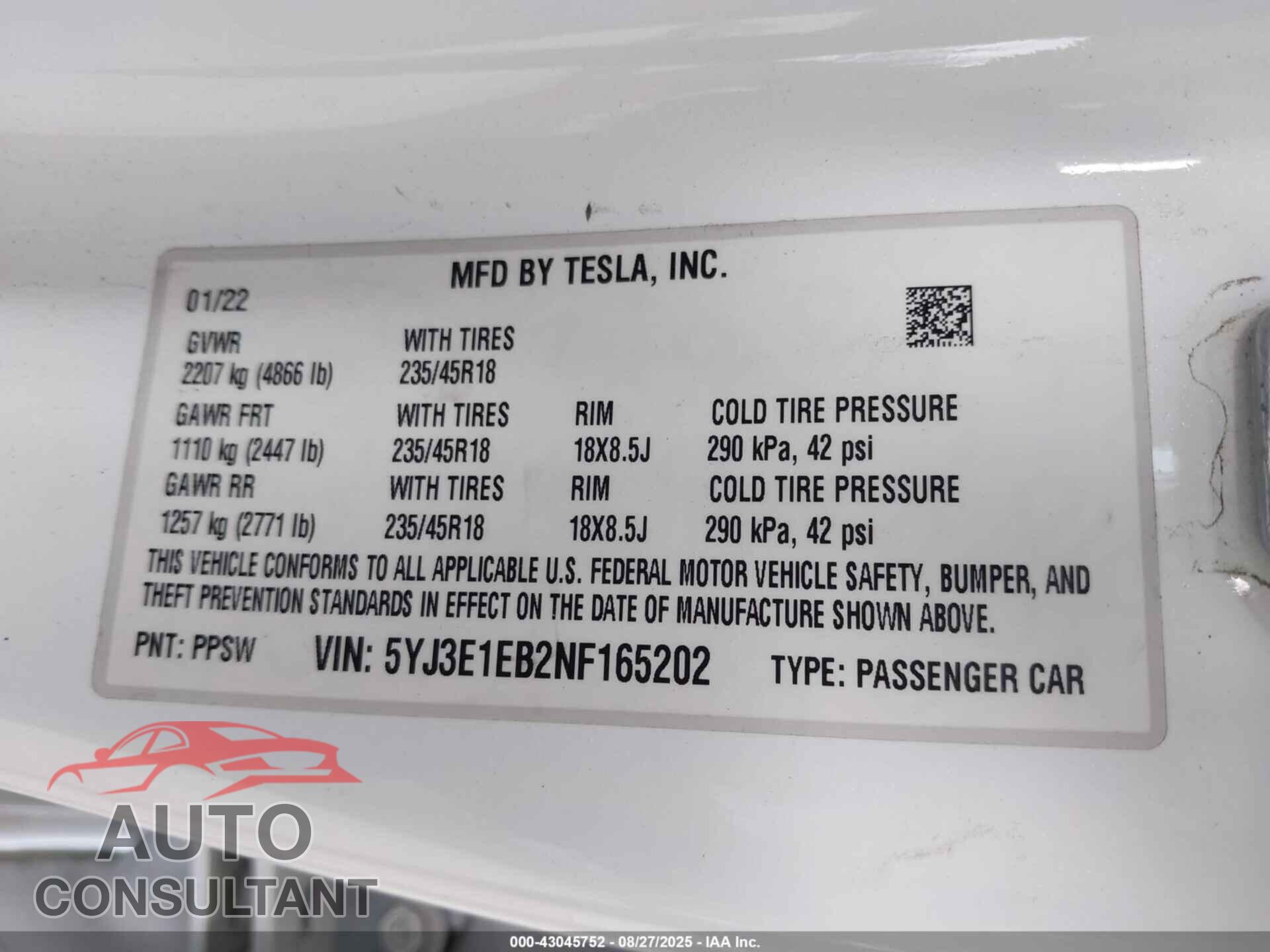 TESLA MODEL 3 2022 - 5YJ3E1EB2NF165202