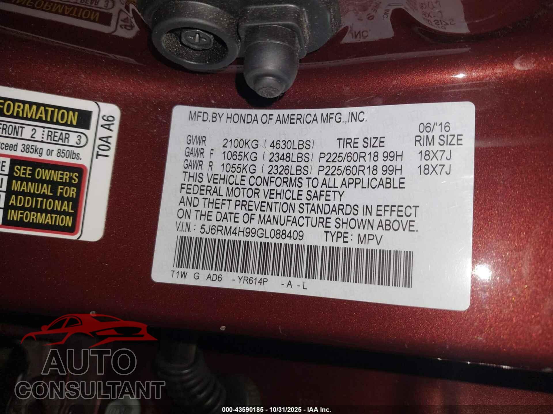 HONDA CR-V 2016 - 5J6RM4H99GL088409