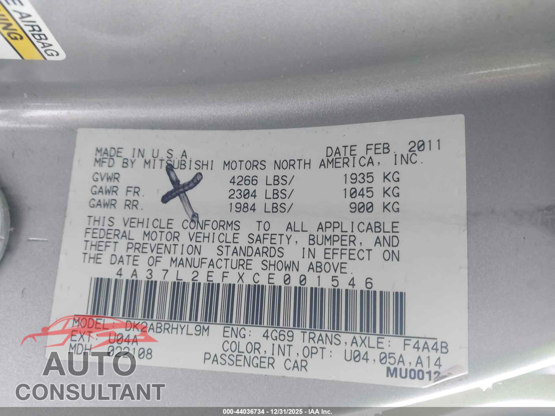 MITSUBISHI ECLIPSE SPYDER 2012 - 4A37L2EFXCE001546