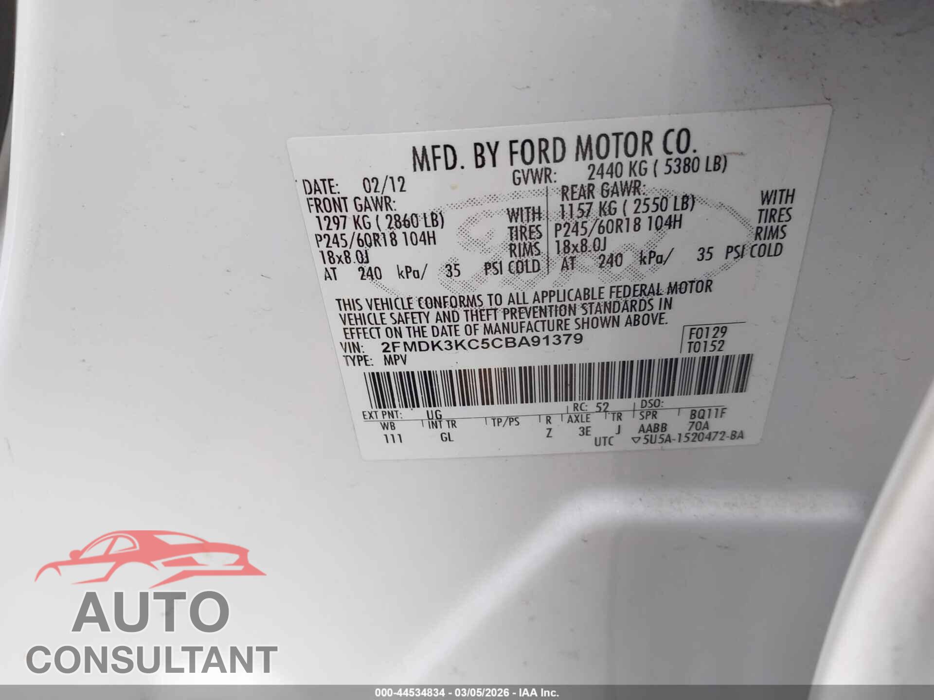 FORD EDGE 2012 - 2FMDK3KC5CBA91379