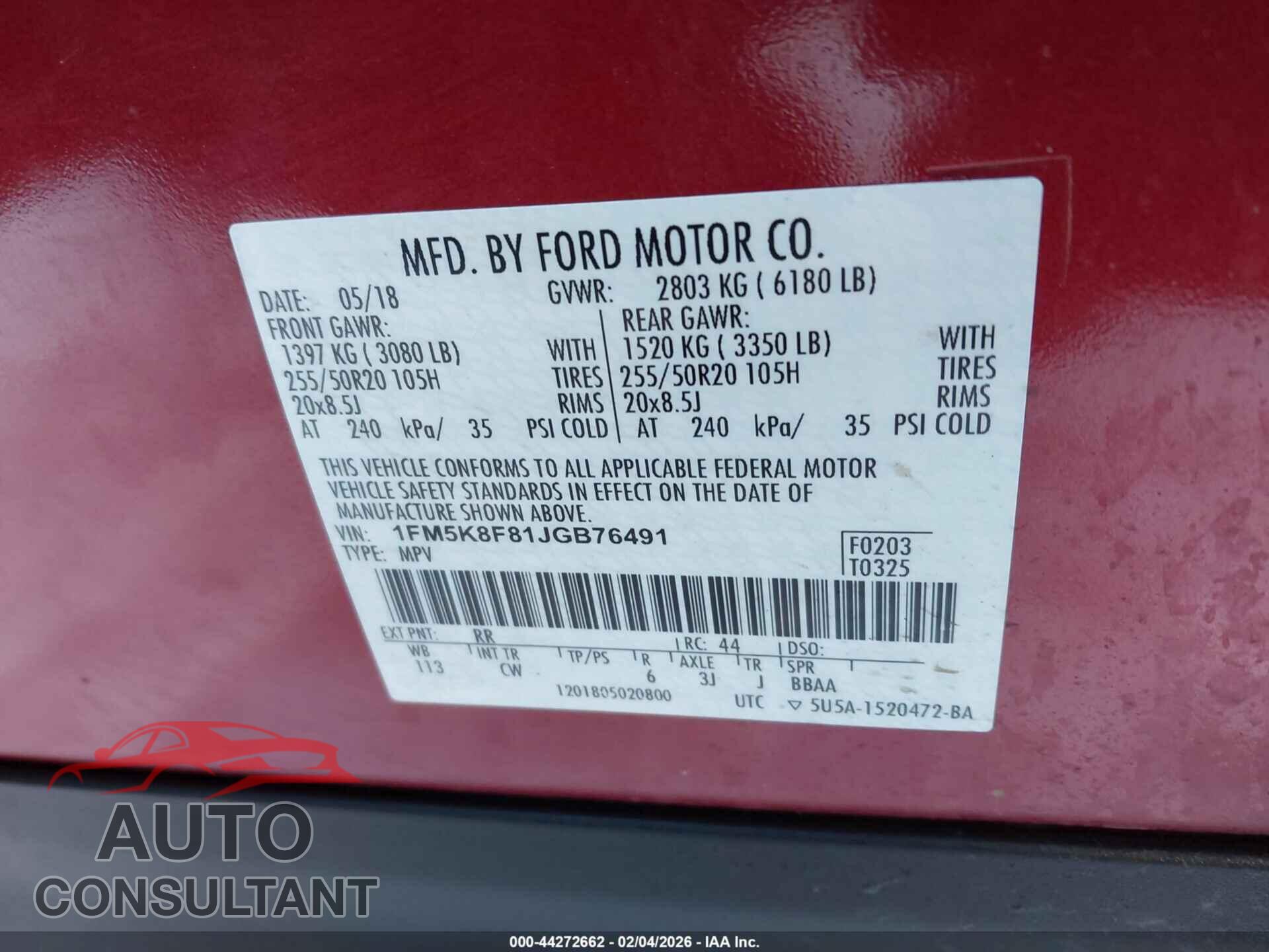 FORD EXPLORER 2018 - 1FM5K8F81JGB76491