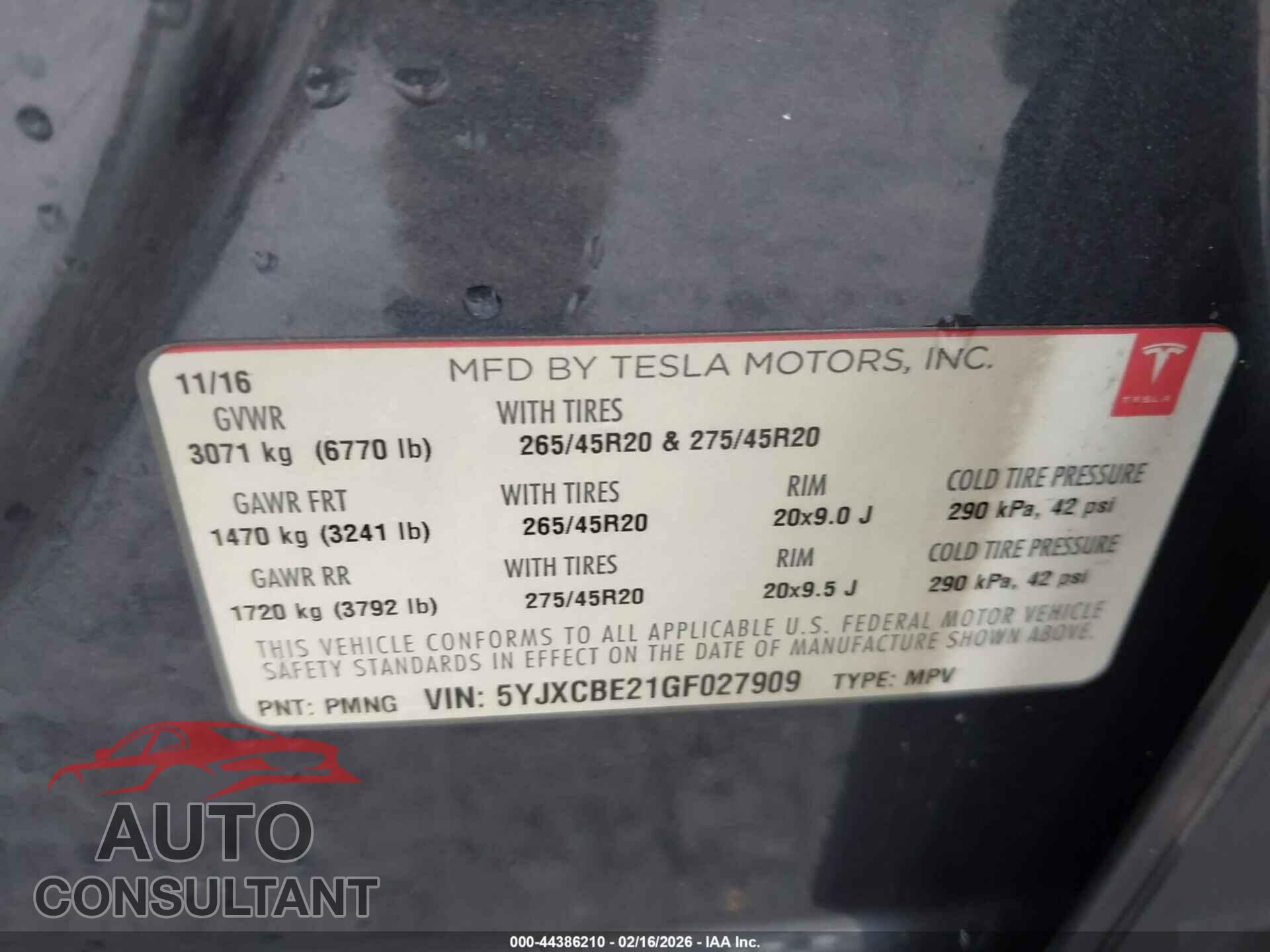 TESLA MODEL X 2016 - 5YJXCBE21GF027909