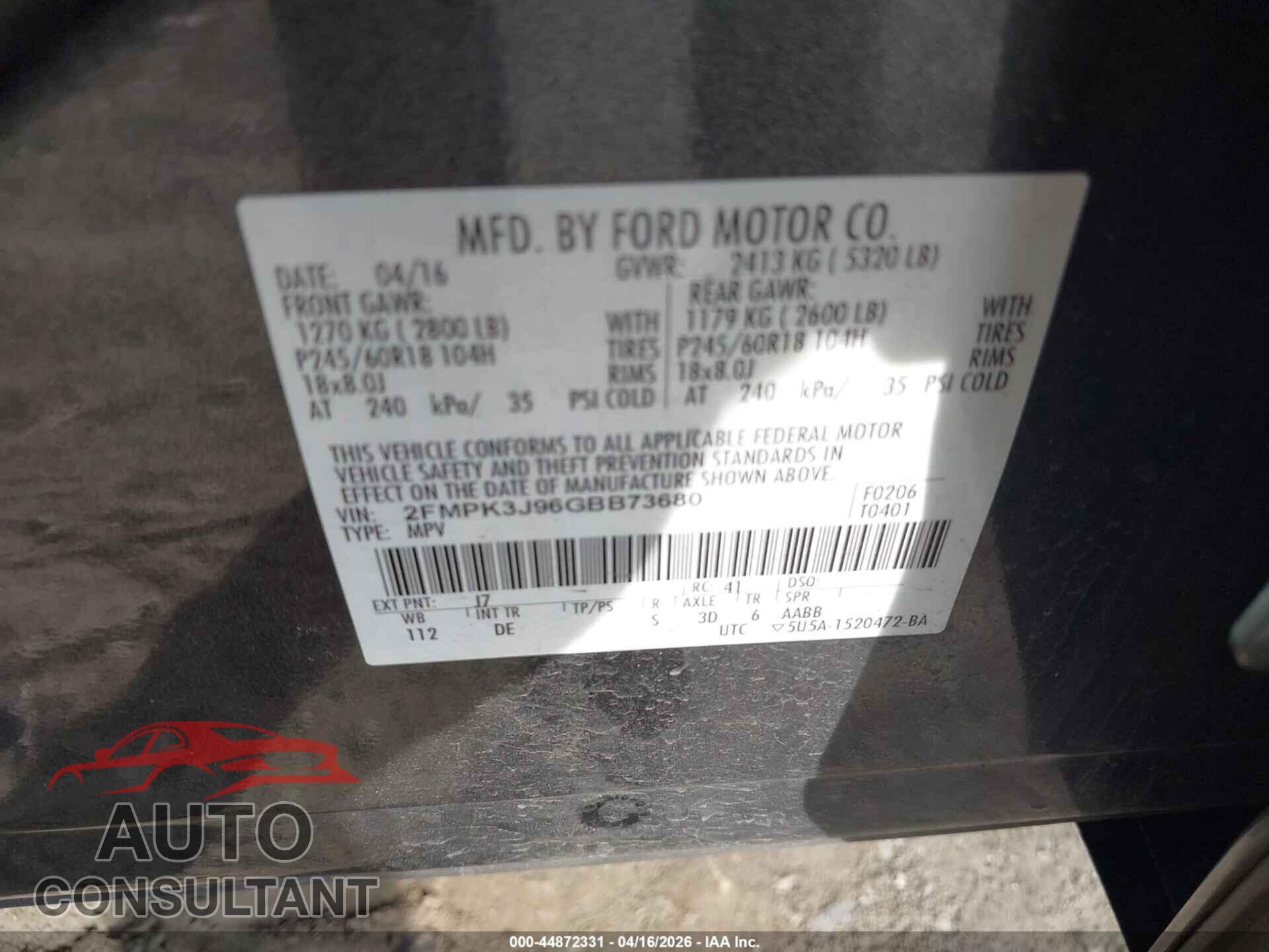 FORD EDGE 2016 - 2FMPK3J96GBB73680